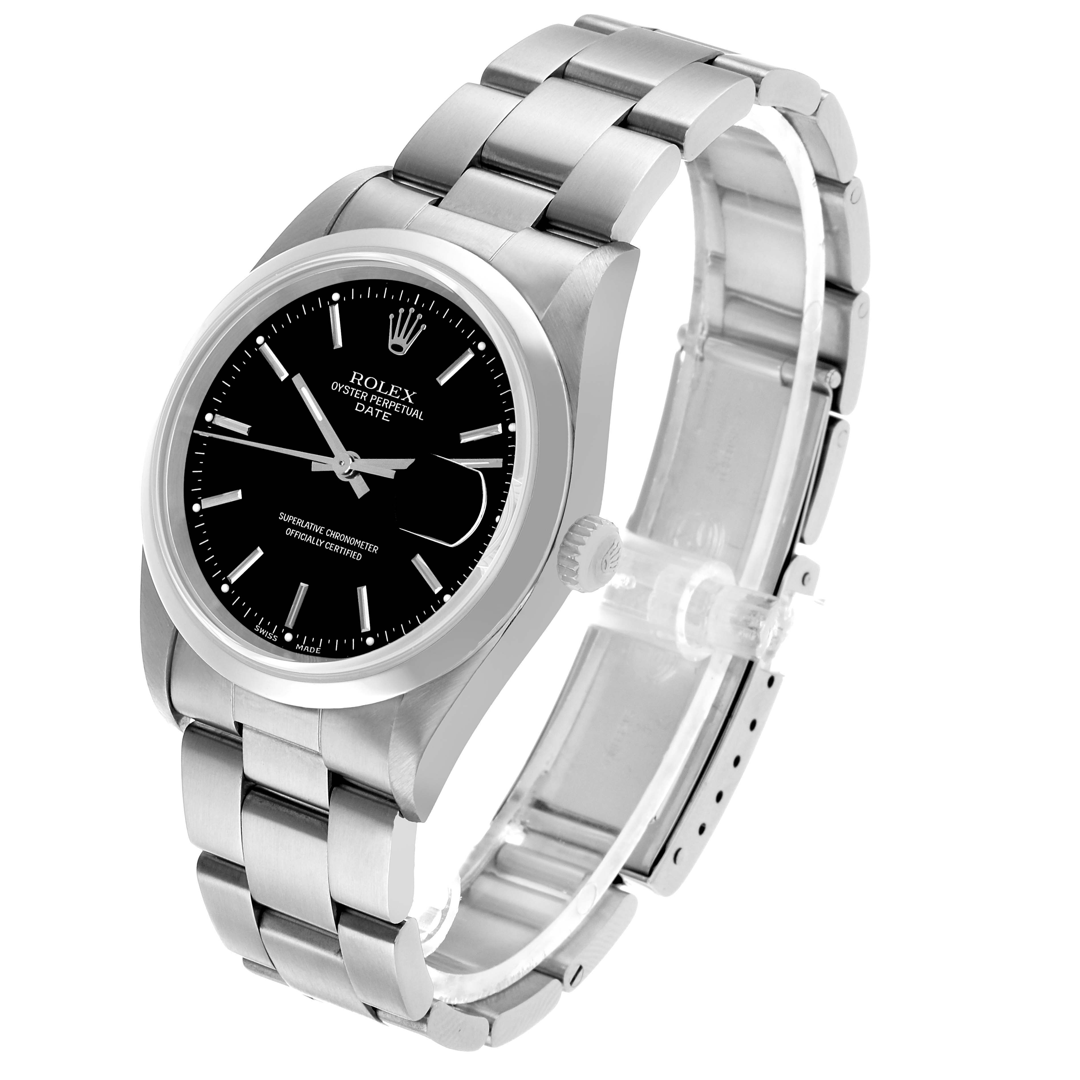 The Rolex Date 15200 Men's Stainless Steel Black Dial watch is shown at a three-quarter angle, highlighting the dial, bezel, crown, and bracelet.