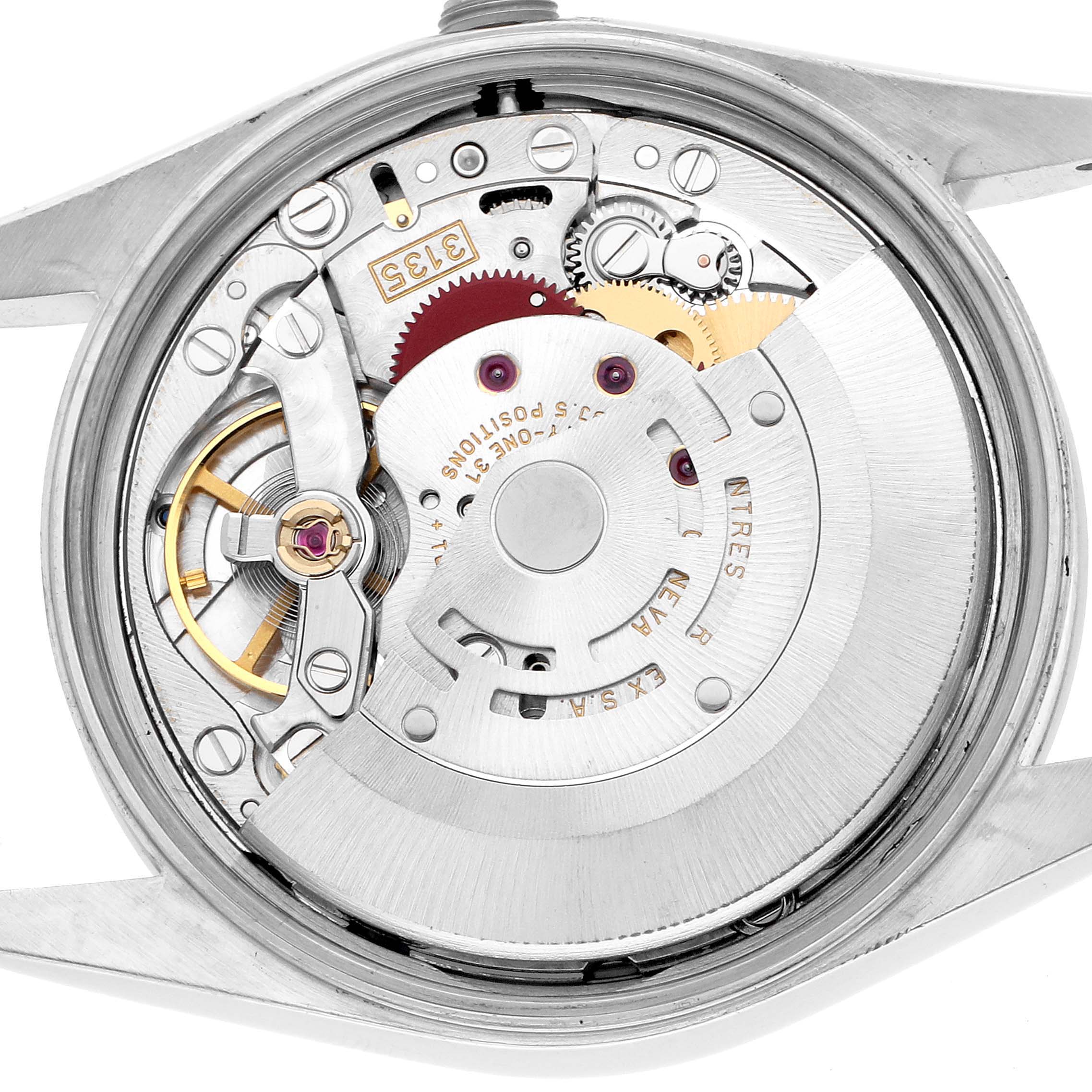 The image shows the movement mechanism of a Rolex Date 15200 Men's Stainless Steel Black Dial watch, with gears and components visible from the back.