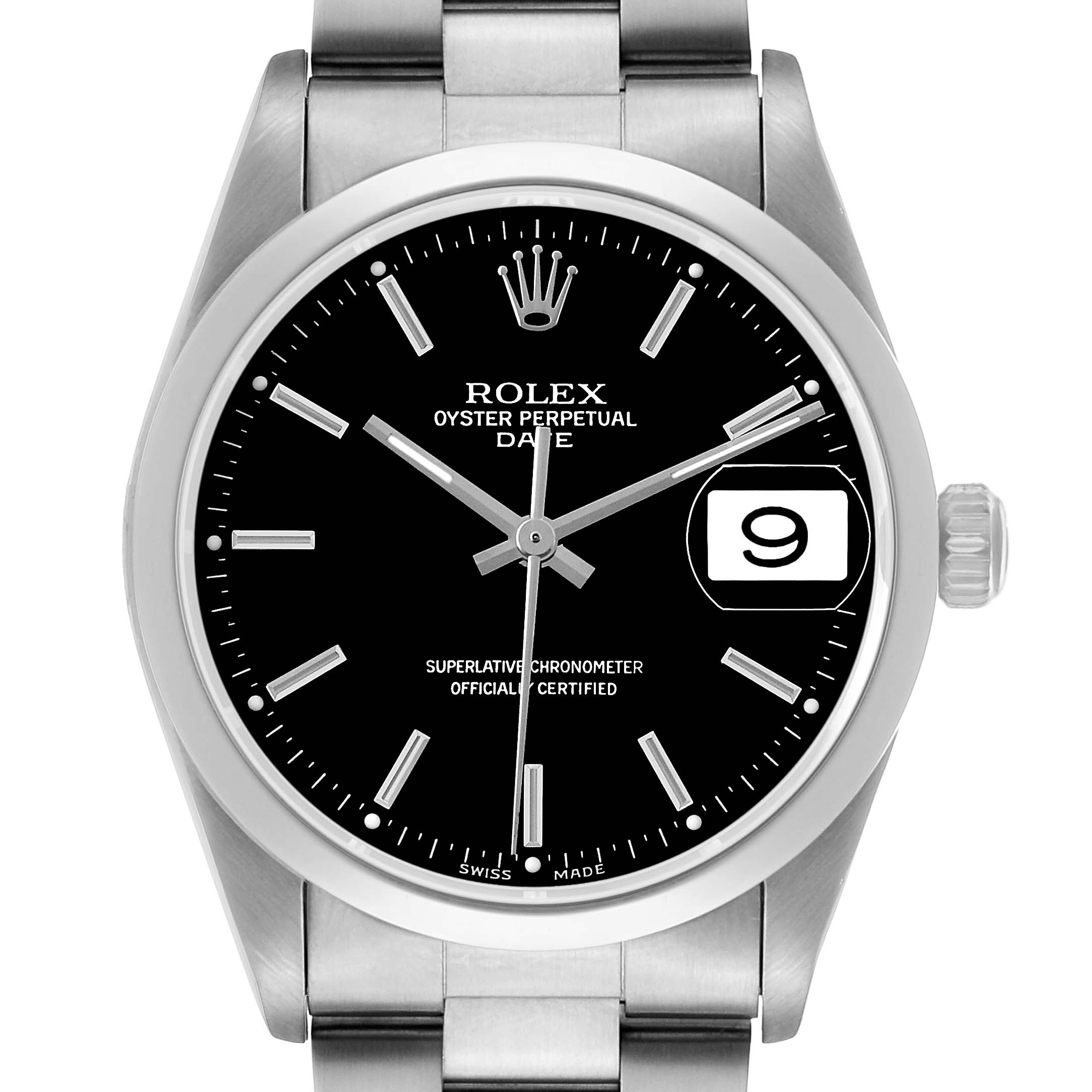 The Rolex Date 15200 Men's Stainless Steel Black Dial model is shown from a front angle, displaying the dial, date window, and part of the bracelet.