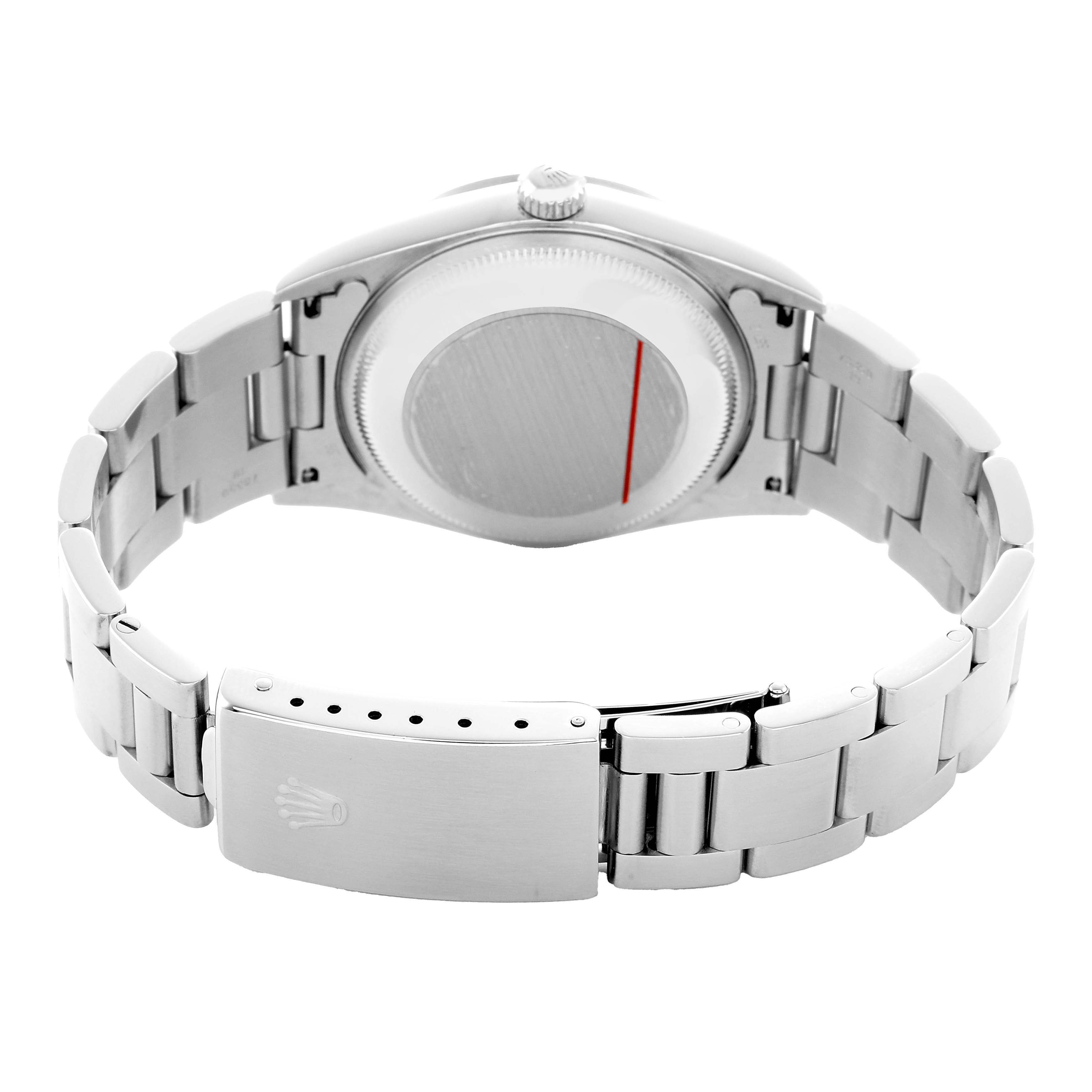 The image shows the back and bracelet of a Rolex Date 15200 Men's Stainless Steel Black Dial model, highlighting the clasp and case back.