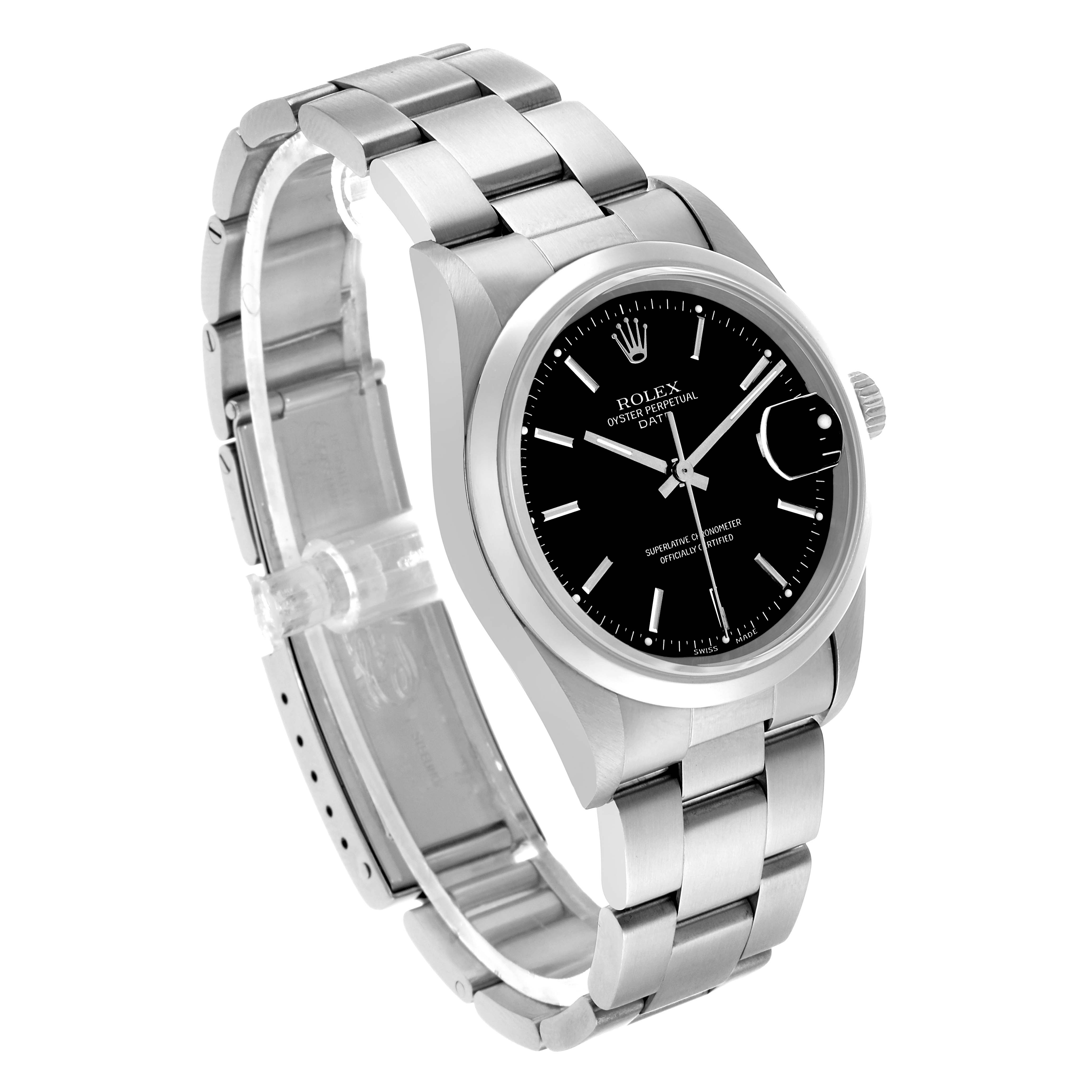 The Rolex Date 15200 Men's Stainless Steel Black Dial watch is shown at a three-quarter angle, highlighting the face, bezel, and bracelet.