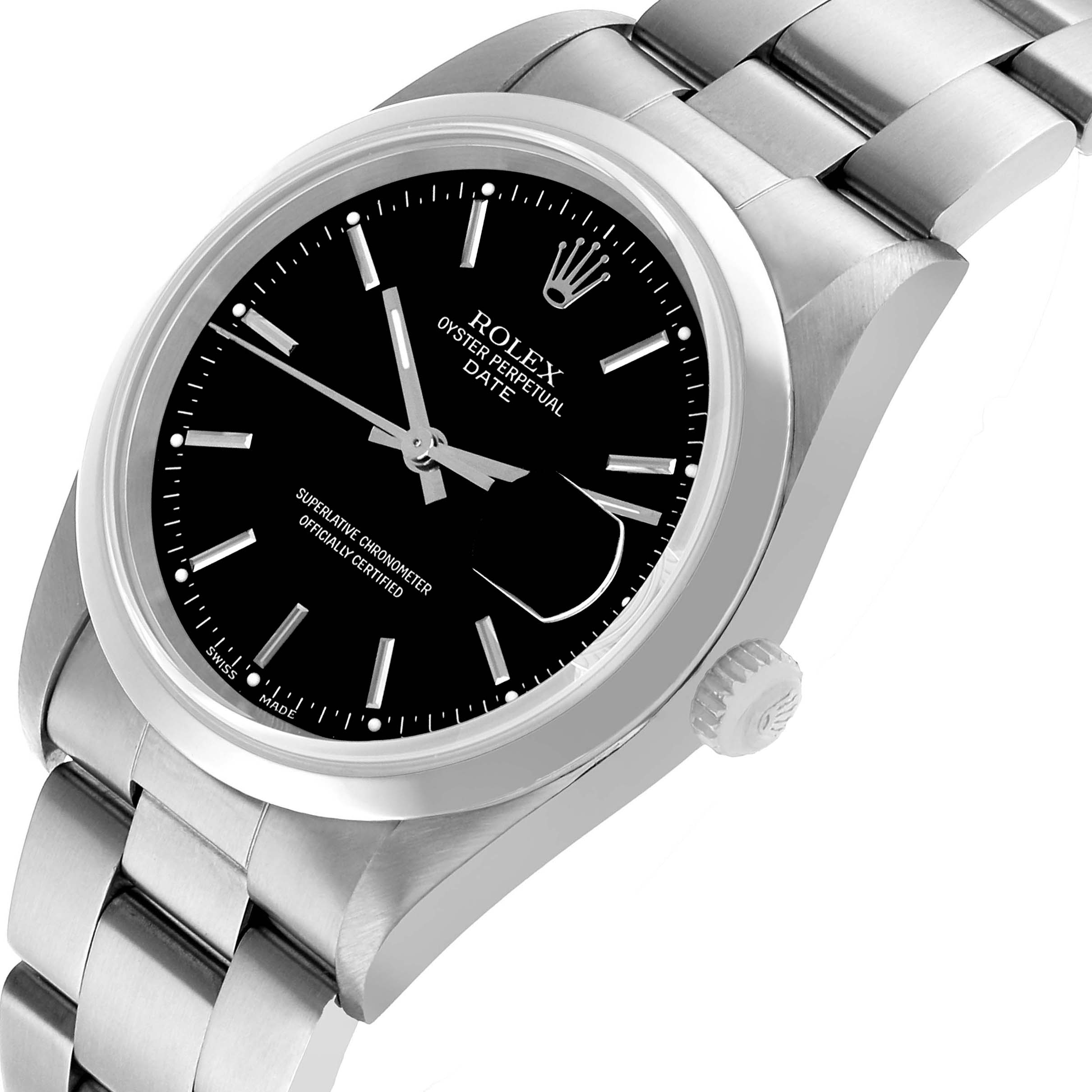 The Rolex Date 15200 Men's Stainless Steel Black Dial watch is shown at a tilted angle displaying the watch face, crown, and bracelet.