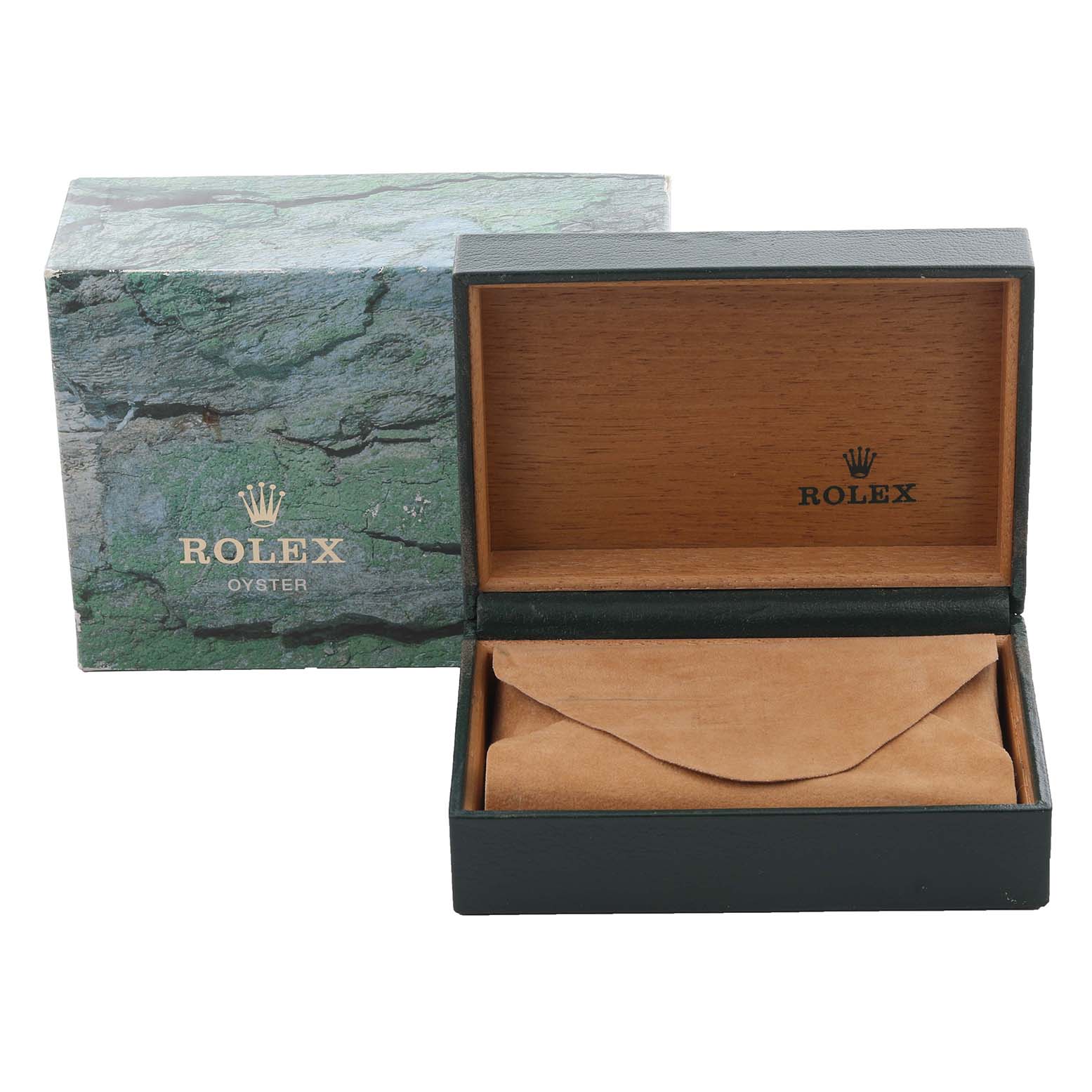 This image shows a green and brown Rolex Date 15210 Men's Stainless Steel Blue Dial 15210 Men's Stainless Steel Blue Dial model box and suede pouch, viewed from the front.