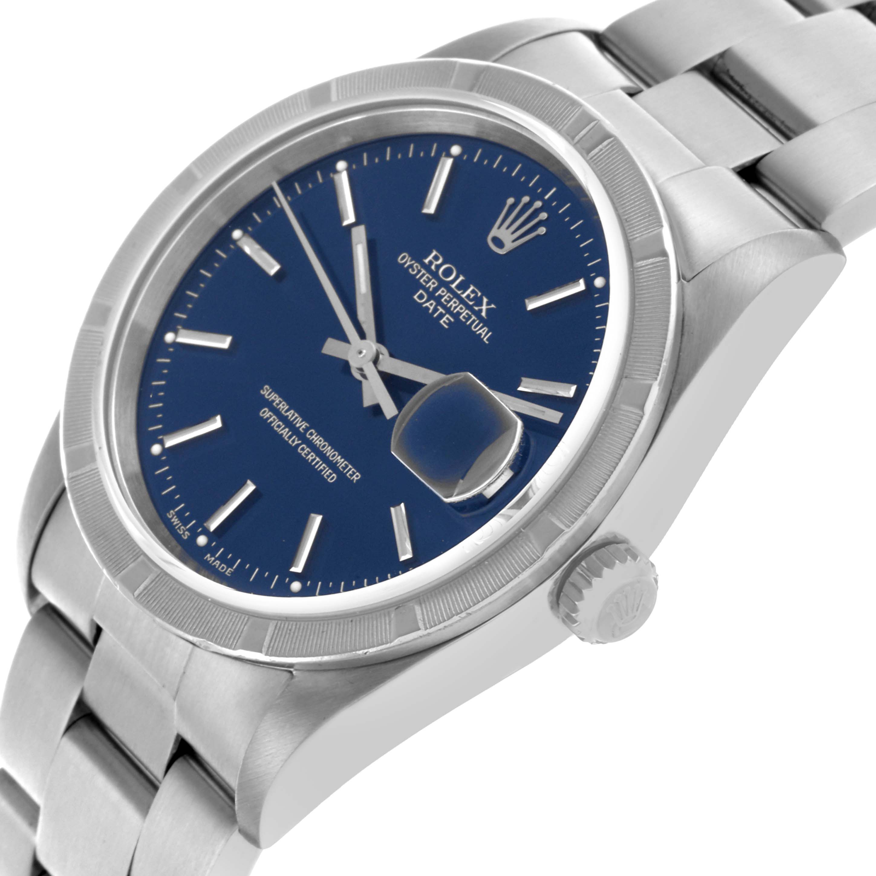 The Rolex Date 15210 Men's Stainless Steel Blue Dial 15210 Men's Stainless Steel Blue Dial watch is shown at an angled view, highlighting the dial, bezel, crown, and bracelet.