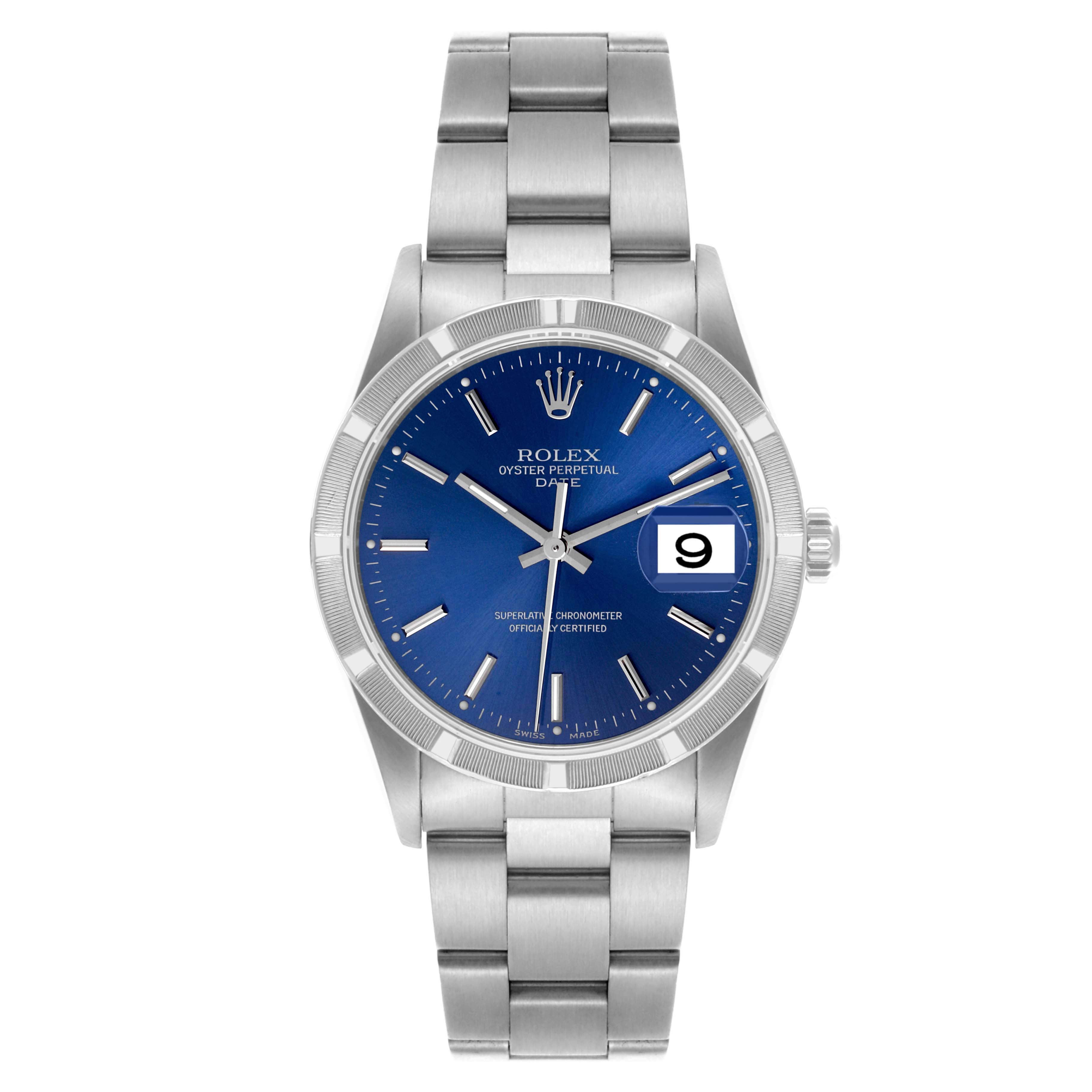 The Rolex Date 15210 Men's Stainless Steel Blue Dial 15210 Men's Stainless Steel Blue Dial model watch is shown from the front, displaying the face, bezel, dial, bracelet, and crown.