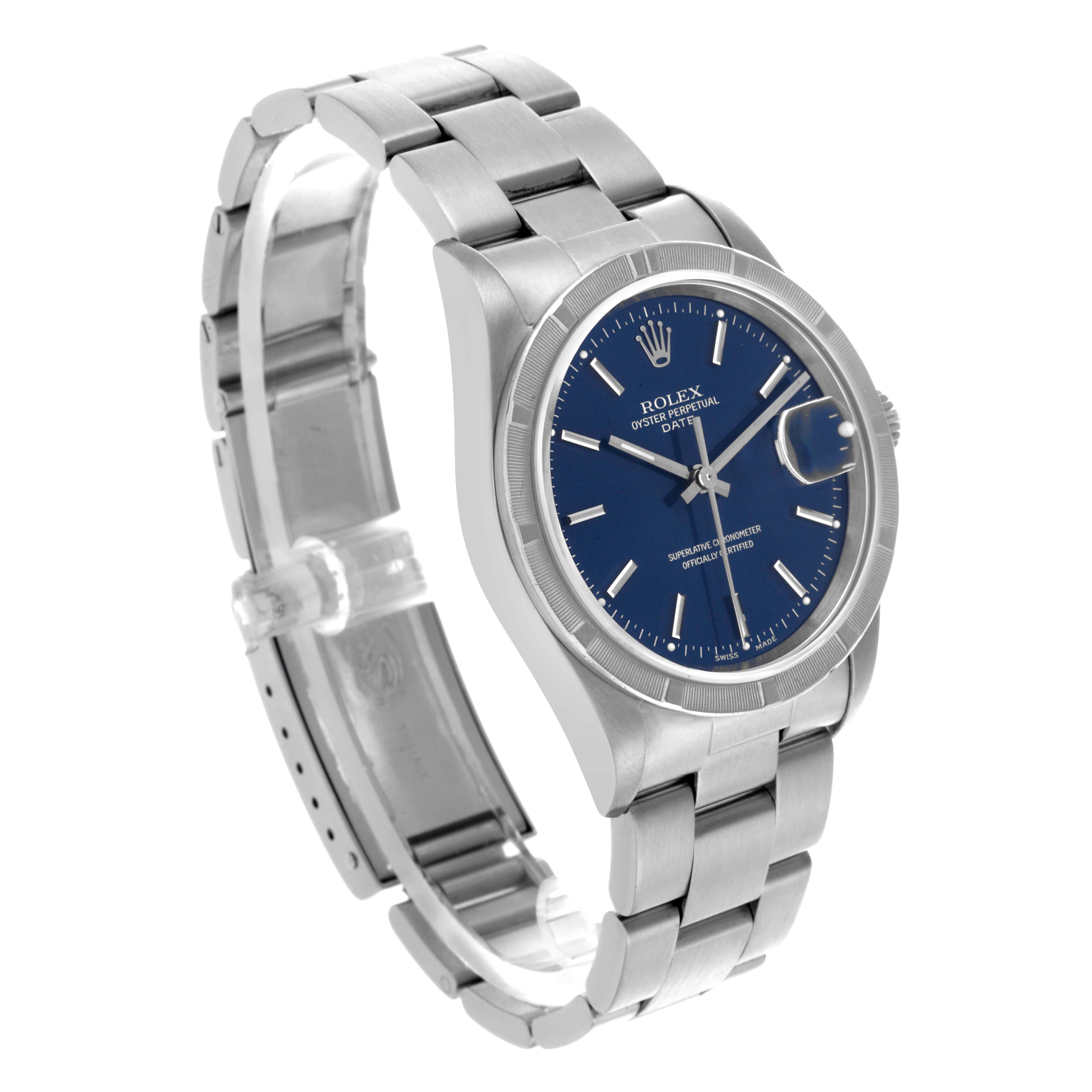 The Rolex Date 15210 Men's Stainless Steel Blue Dial 15210 Men's Stainless Steel Blue Dial watch is shown from a three-quarter angle, displaying the dial, case, bracelet, and crown.