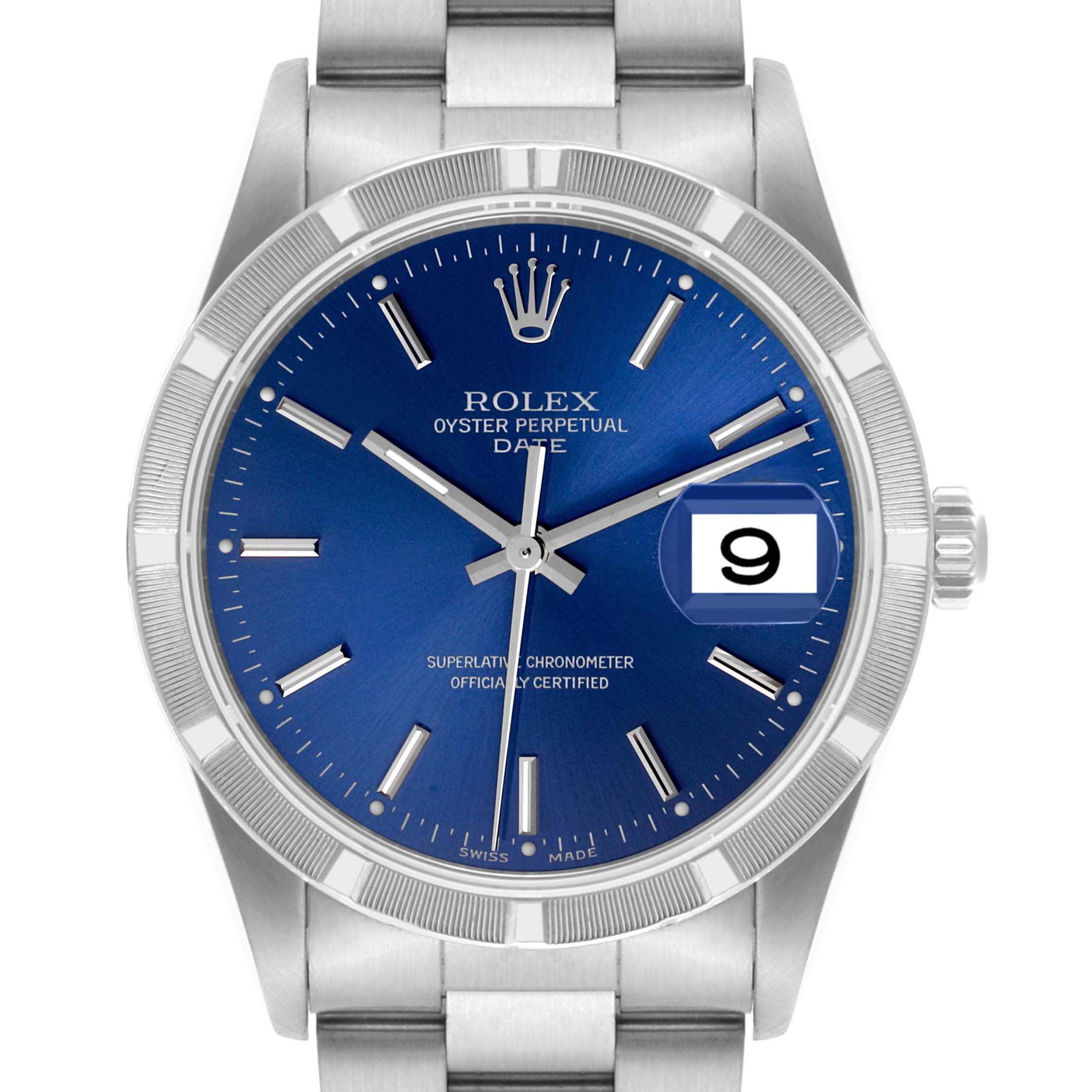 The Rolex Date 15210 Men's Stainless Steel Blue Dial 15210 Men's Stainless Steel Blue Dial model is shown from a front angle, highlighting the blue dial, silver indices, and date window.