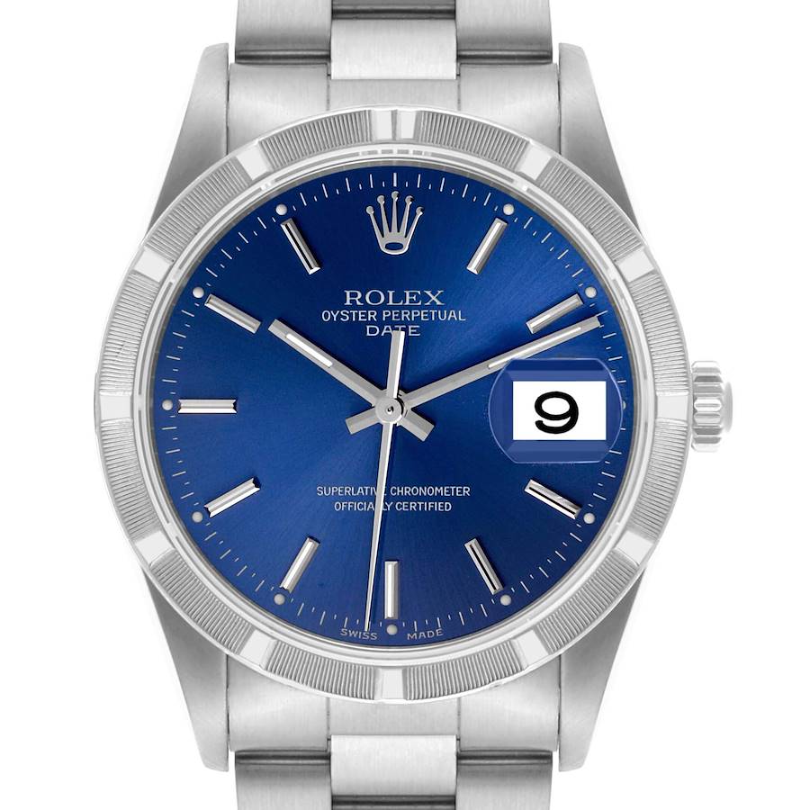 The Rolex Date model is shown from a front angle, highlighting the blue dial, silver indices, and date window.