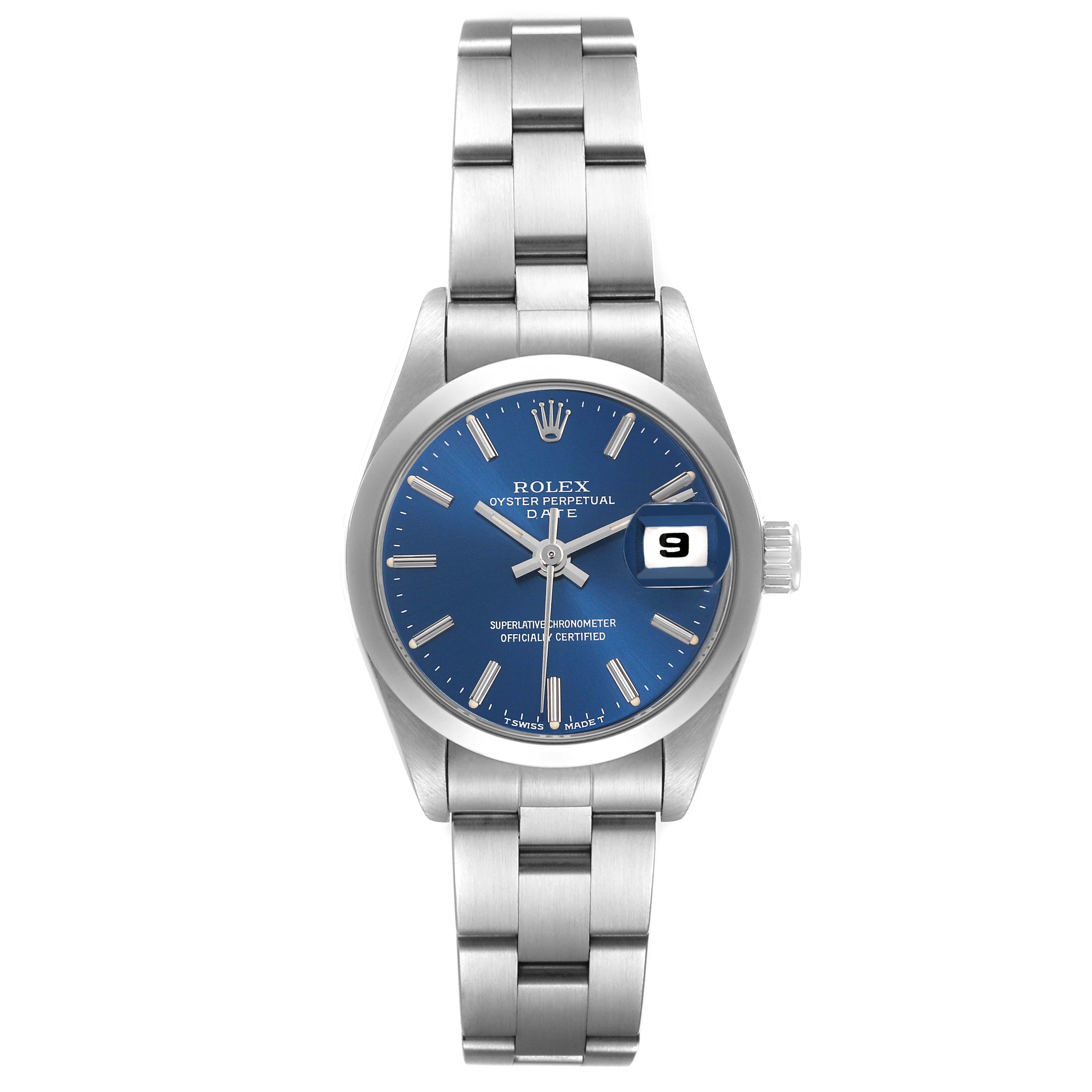 The Rolex Date 69160 Women's Stainless Steel Blue Dial 69160 Women's Stainless Steel Blue Dial model watch is shown from a top view, highlighting the face, bezel, bracelet, and crown.