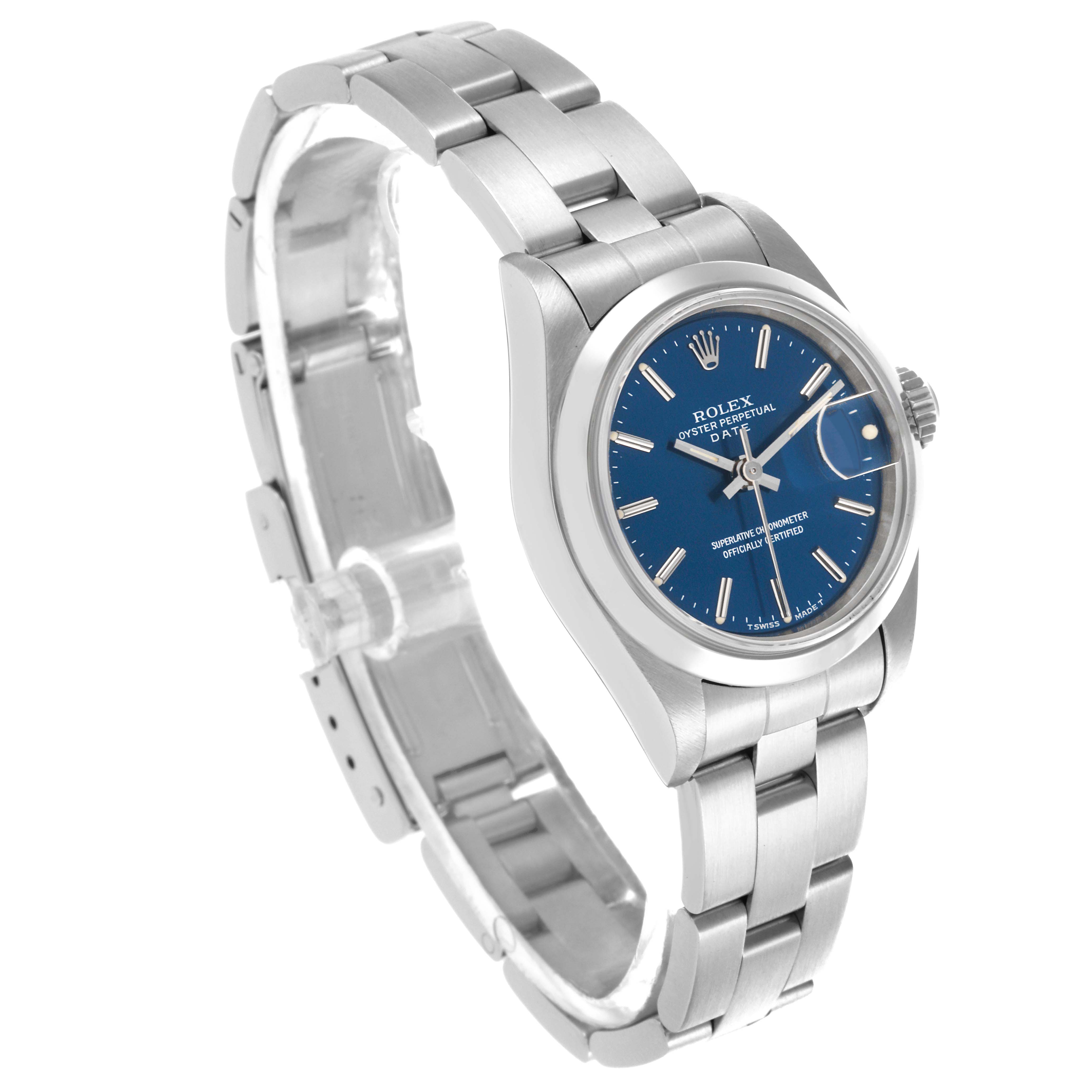 The Rolex Date 69160 Women's Stainless Steel Blue Dial 69160 Women's Stainless Steel Blue Dial watch is shown from a three-quarter view, displaying the dial, bezel, and bracelet.
