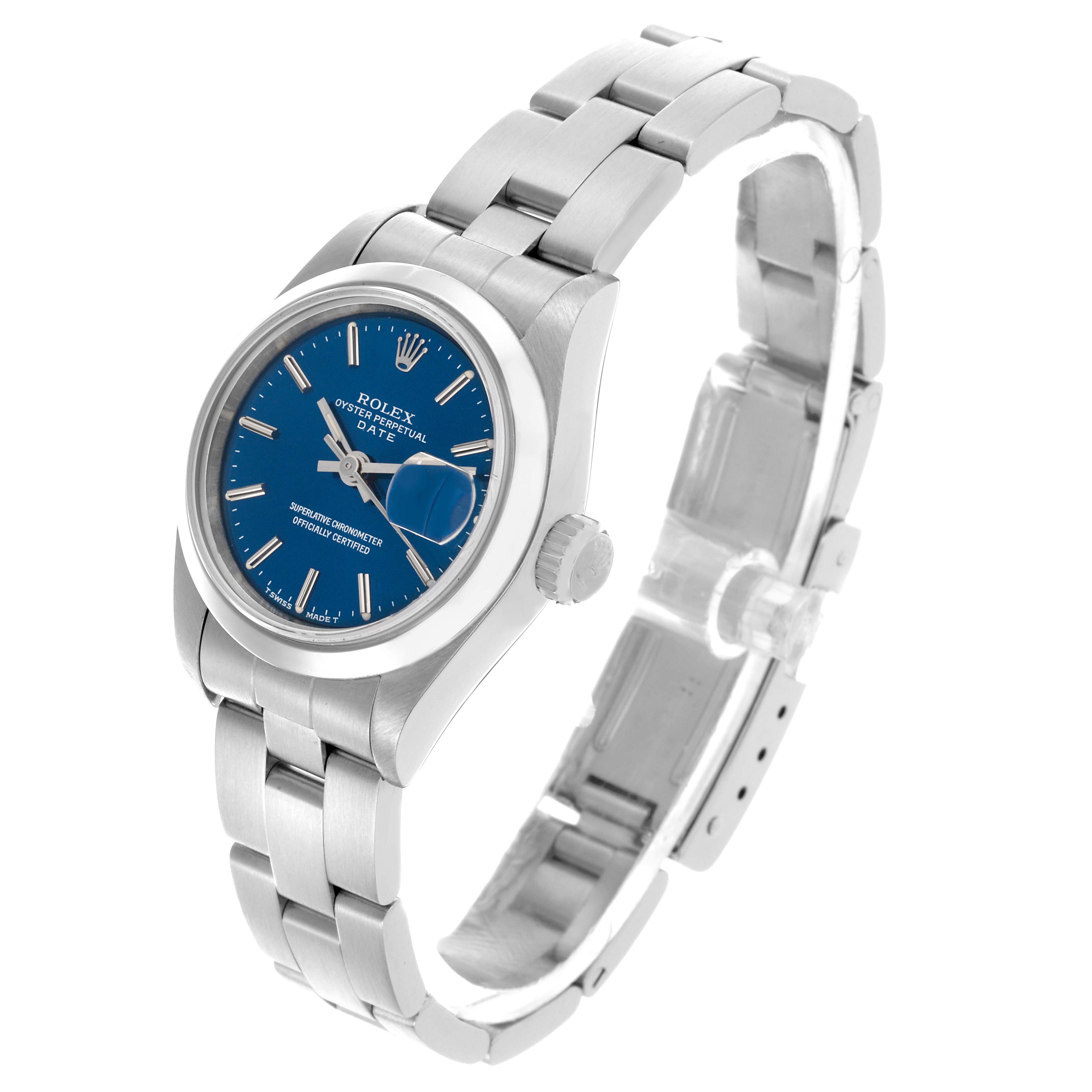 The Rolex Date 69160 Women's Stainless Steel Blue Dial 69160 Women's Stainless Steel Blue Dial watch is shown at a three-quarter angle, highlighting the blue dial, bezel, crown, and stainless steel bracelet.