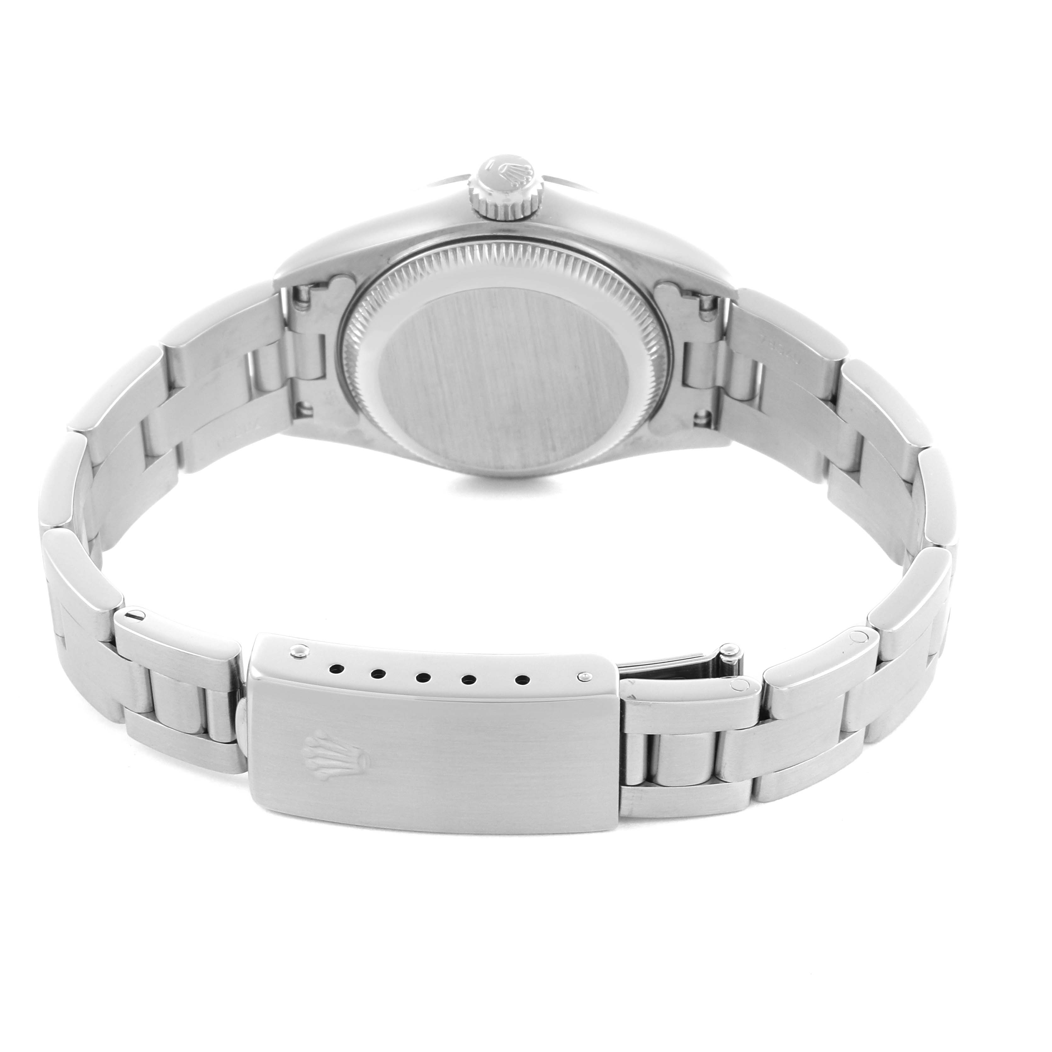 The image shows the back view of a Rolex Date 69160 Women's Stainless Steel Blue Dial 69160 Women's Stainless Steel Blue Dial model, highlighting the case back and bracelet clasp.