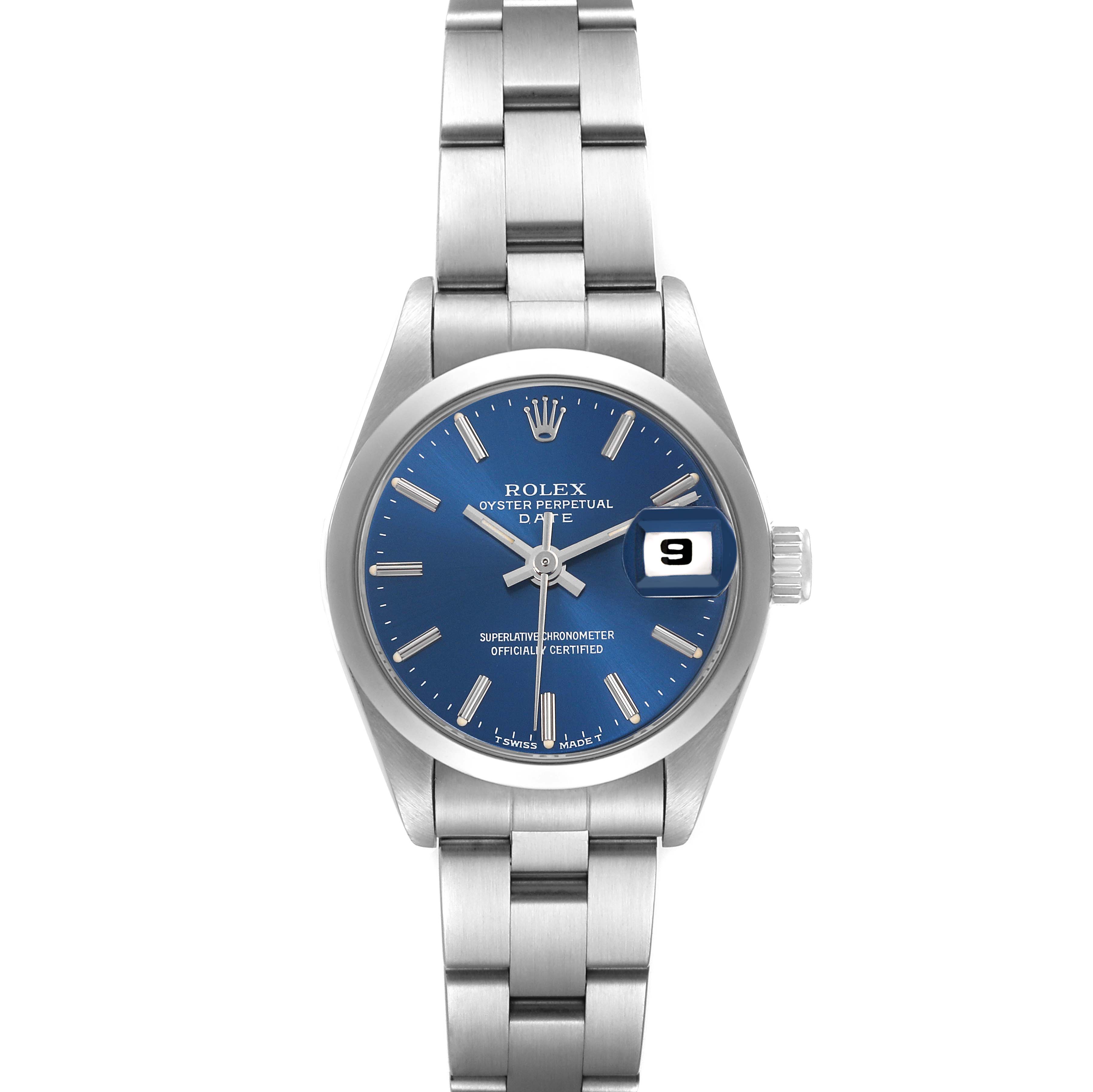 The Rolex Date 69160 Women's Stainless Steel Blue Dial 69160 Women's Stainless Steel Blue Dial model is shown from the front, displaying the face, bracelet, and date window.