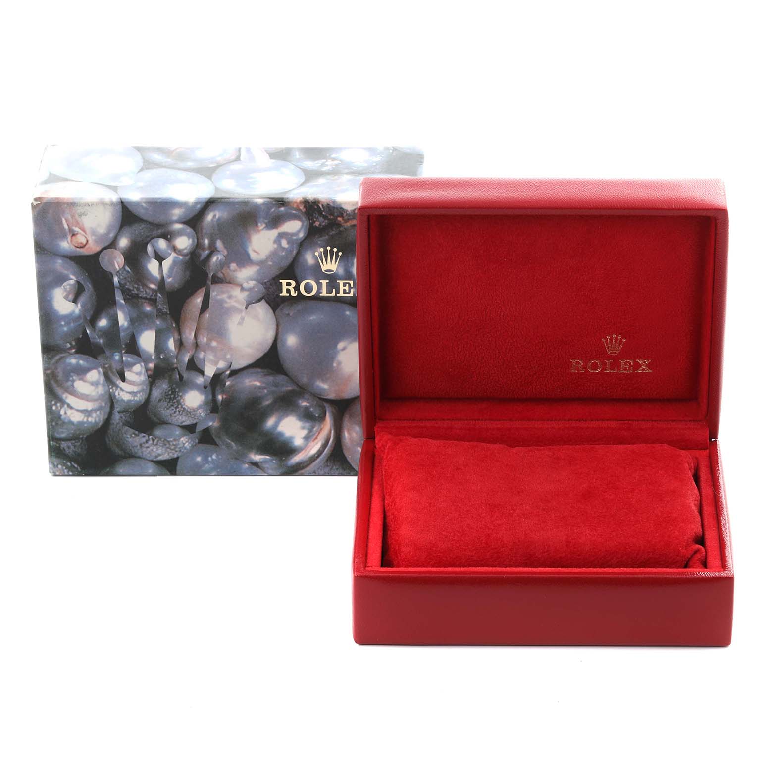 The image shows a Rolex Date 69160 Women's Stainless Steel Blue Dial 69160 Women's Stainless Steel Blue Dial model's packaging with an open red velvet box and decorative outer box.