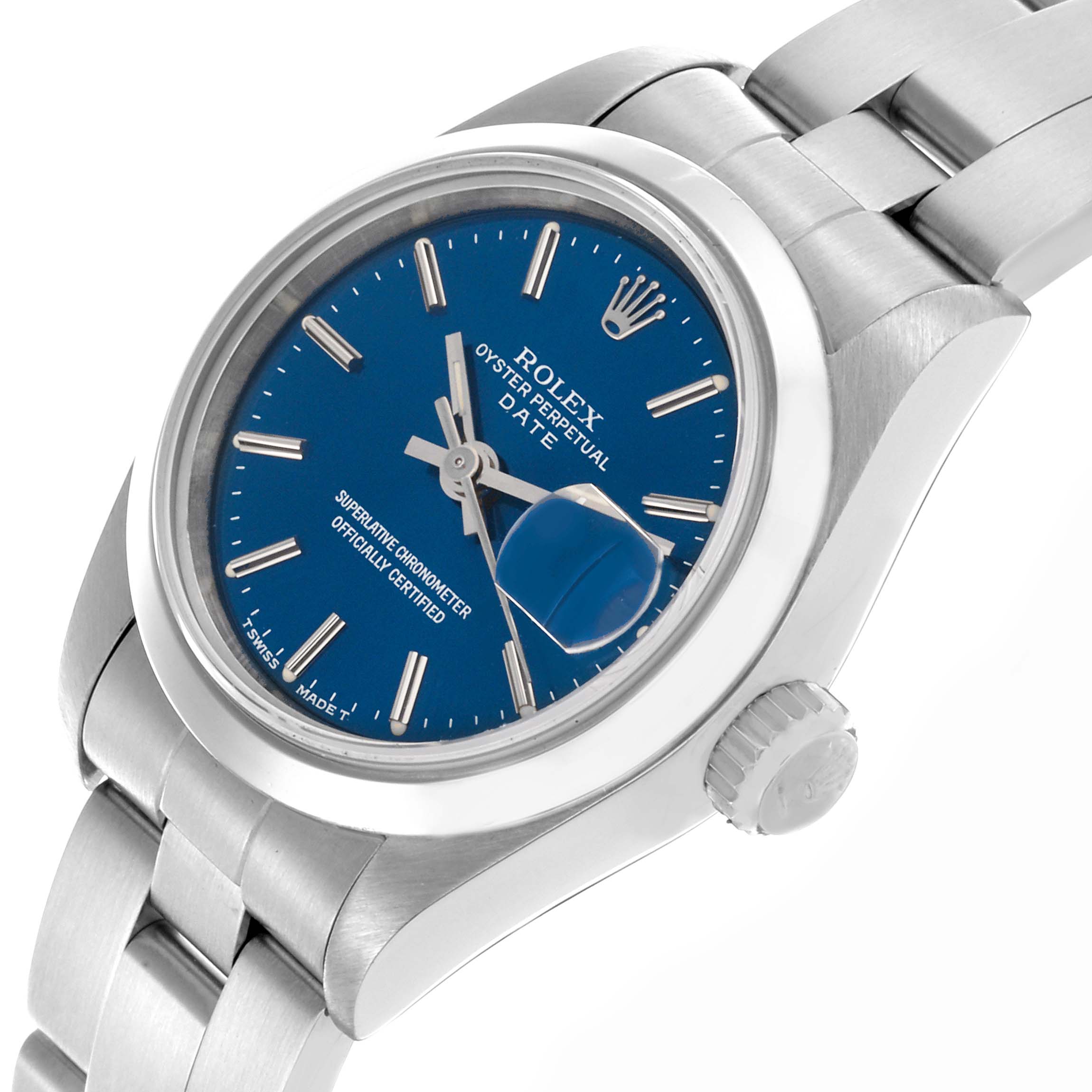 The Rolex Date 69160 Women's Stainless Steel Blue Dial 69160 Women's Stainless Steel Blue Dial model watch is shown at a three-quarter angle displaying the dial, crown, and bracelet links.