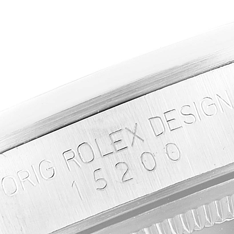 The image shows a close-up of the case side for a Rolex Date 15200 Men's Stainless Steel Silver Dial 15200 Men's Stainless Steel Silver Dial model, highlighting the engraved design and model number "15200".