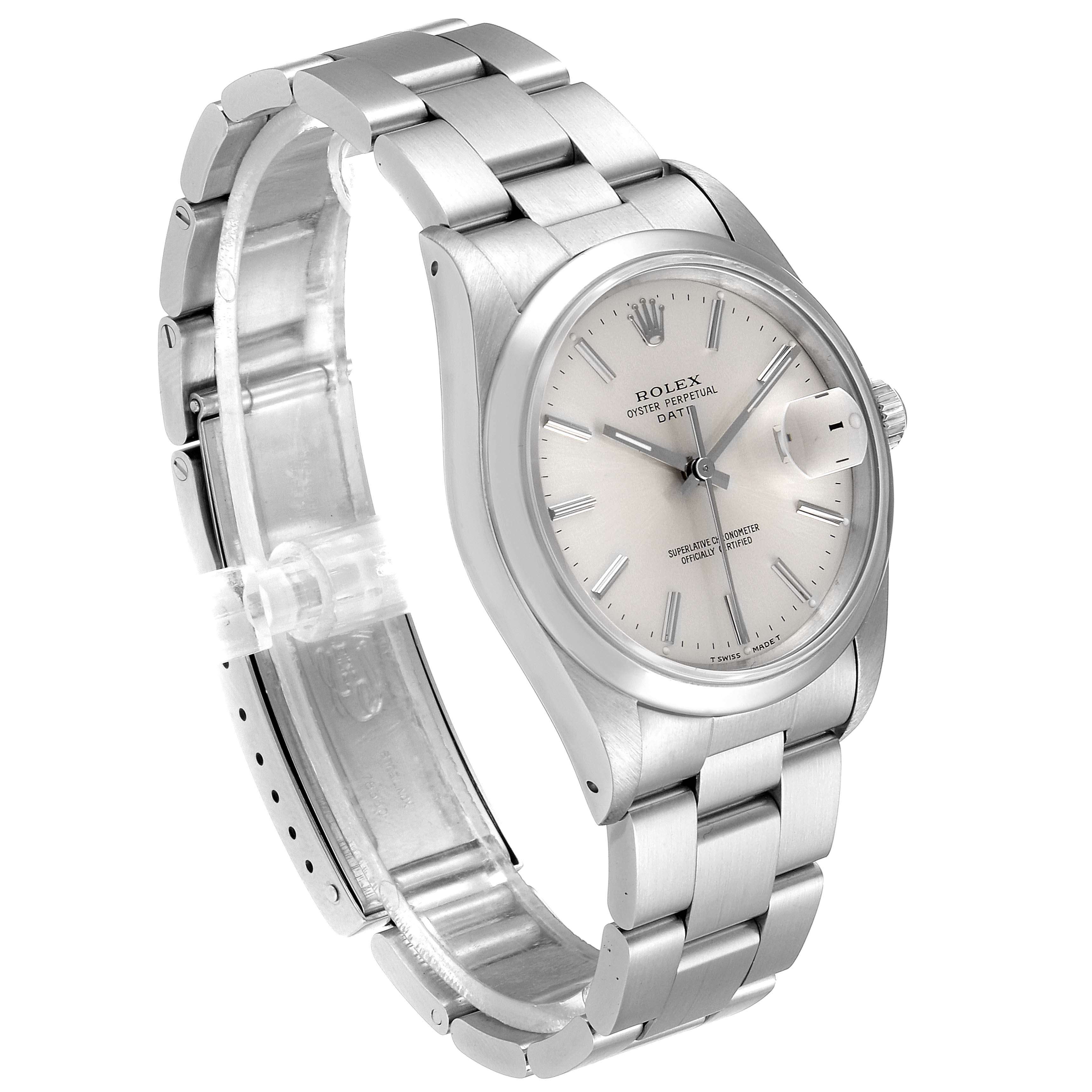 The image shows a Rolex Date 15200 Men's Stainless Steel Silver Dial 15200 Men's Stainless Steel Silver Dial watch at a side angle, highlighting its face, crown, and stainless steel bracelet.