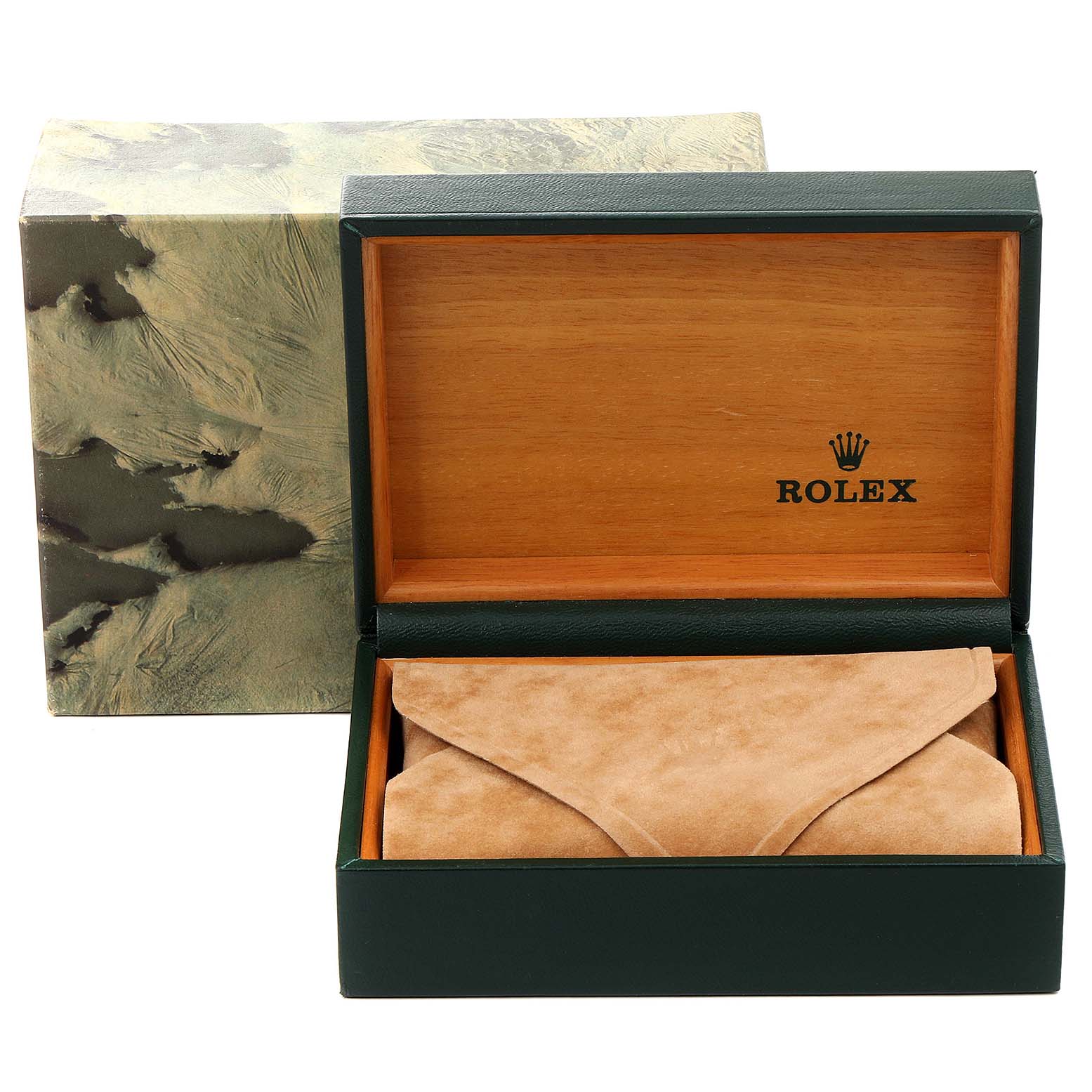 The image shows an open Rolex Date 15200 Men's Stainless Steel Silver Dial 15200 Men's Stainless Steel Silver Dial model watch box with a wooden inner lining and a suede pouch inside.