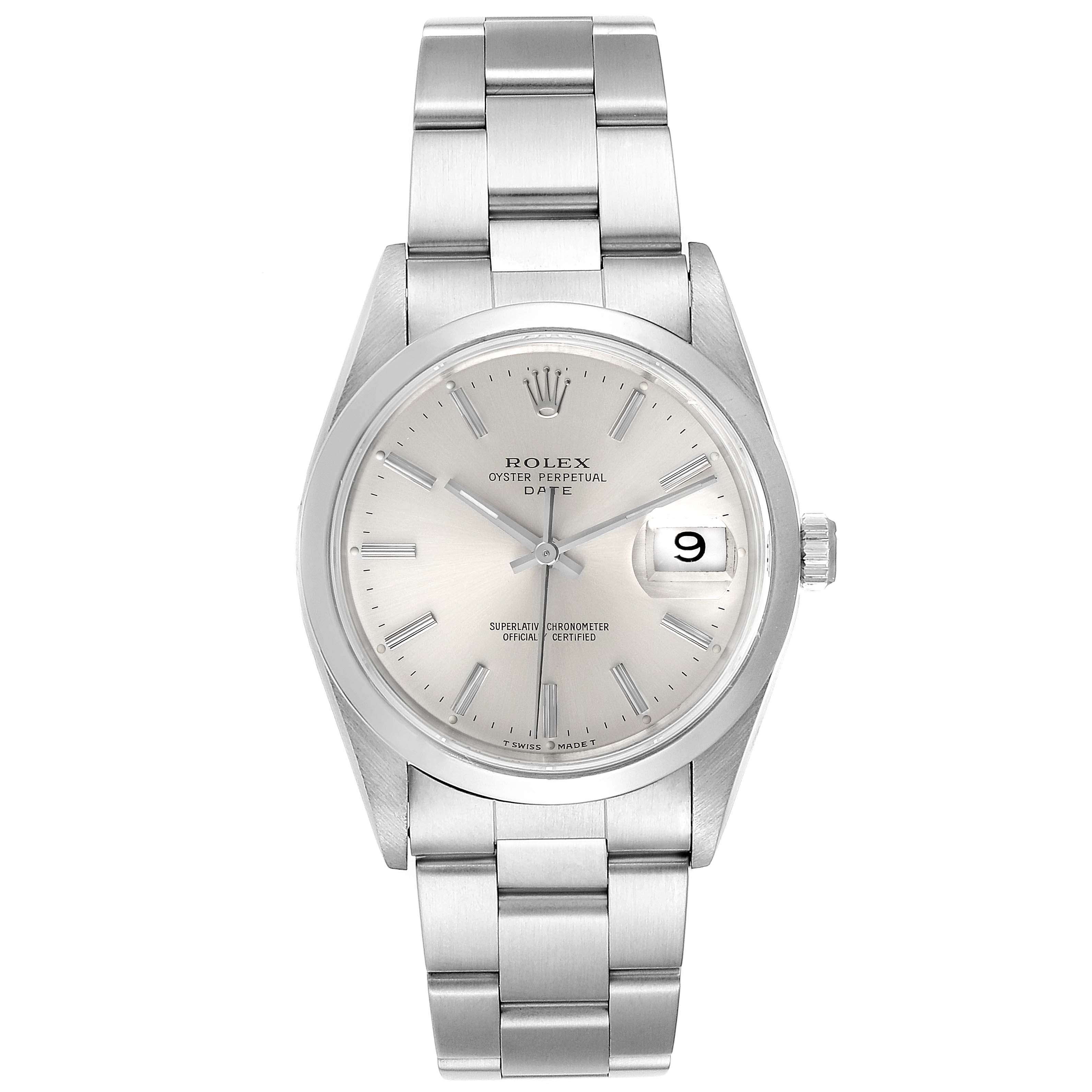 The image shows a front view of a Rolex Date 15200 Men's Stainless Steel Silver Dial 15200 Men's Stainless Steel Silver Dial model, showcasing the watch face, dial, bezel, and bracelet.