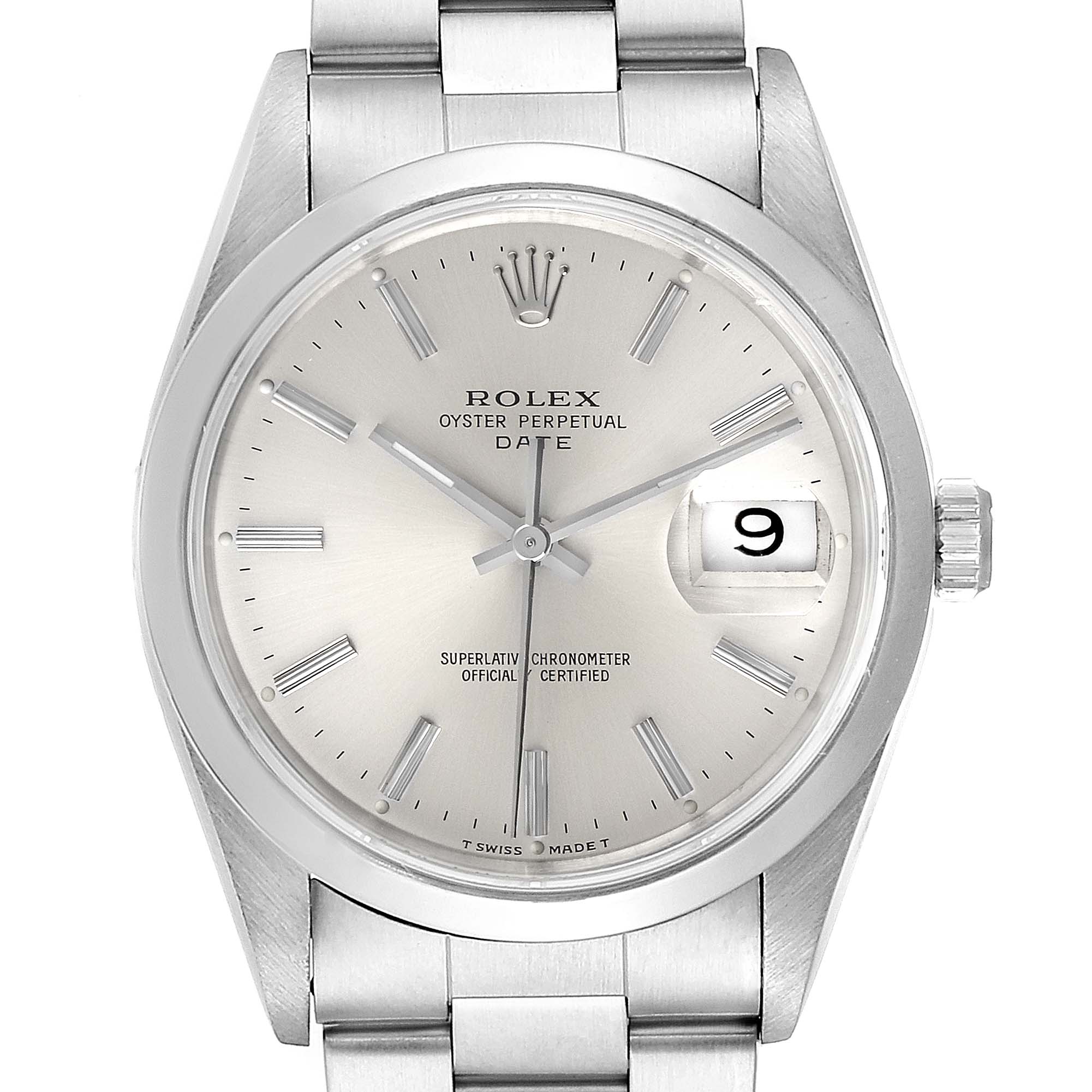 The image shows a front view of a Rolex Oyster Perpetual Date watch, displaying the face, hands, date window, and part of the bracelet.