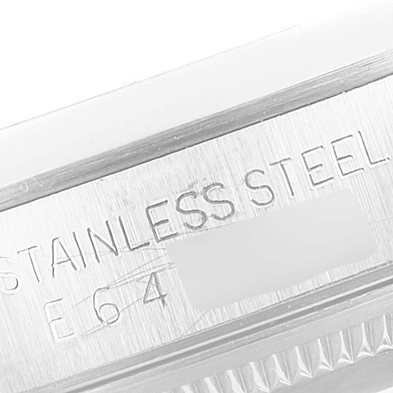 This image shows a close-up of the stainless steel bezel with engravings of a Rolex Date 15200 Men's Stainless Steel Silver Dial 15200 Men's Stainless Steel Silver Dial model watch.