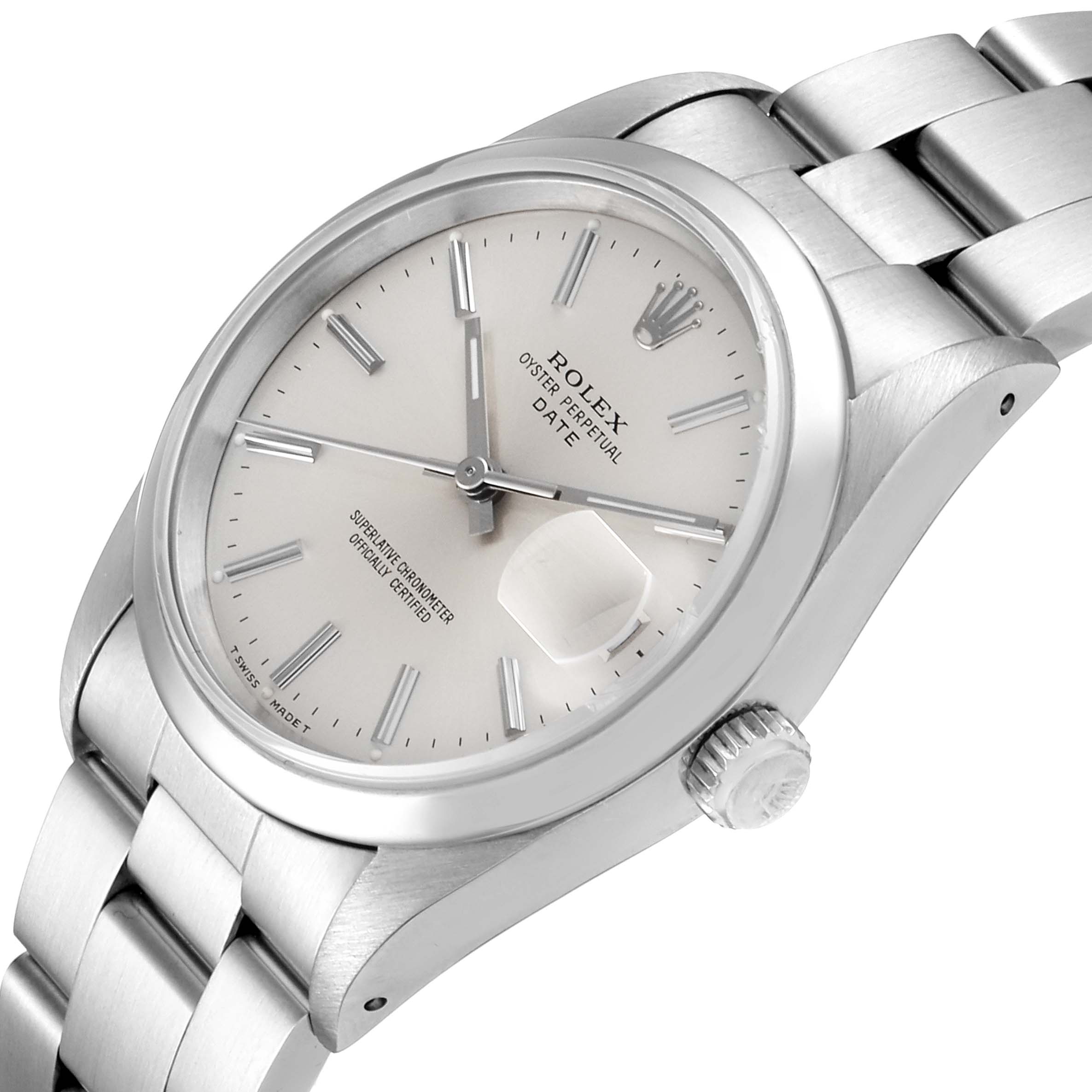 The image shows a Rolex Date 15200 Men's Stainless Steel Silver Dial 15200 Men's Stainless Steel Silver Dial model watch at an angled view, highlighting the face, bezel, crown, and bracelet.