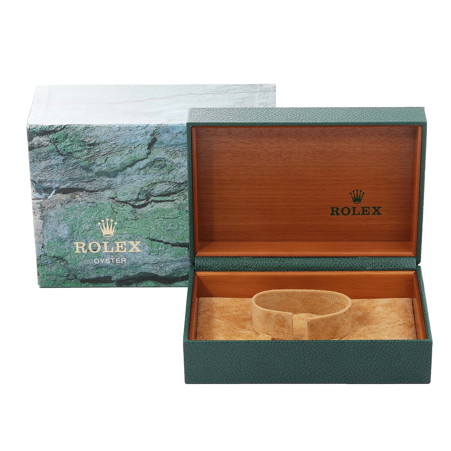 The image shows the open wooden box and outer packaging for a Rolex Date 15200 Men's Stainless Steel Silver Dial 15200 Men's Stainless Steel Silver Dial model watch, displaying the Rolex branding.