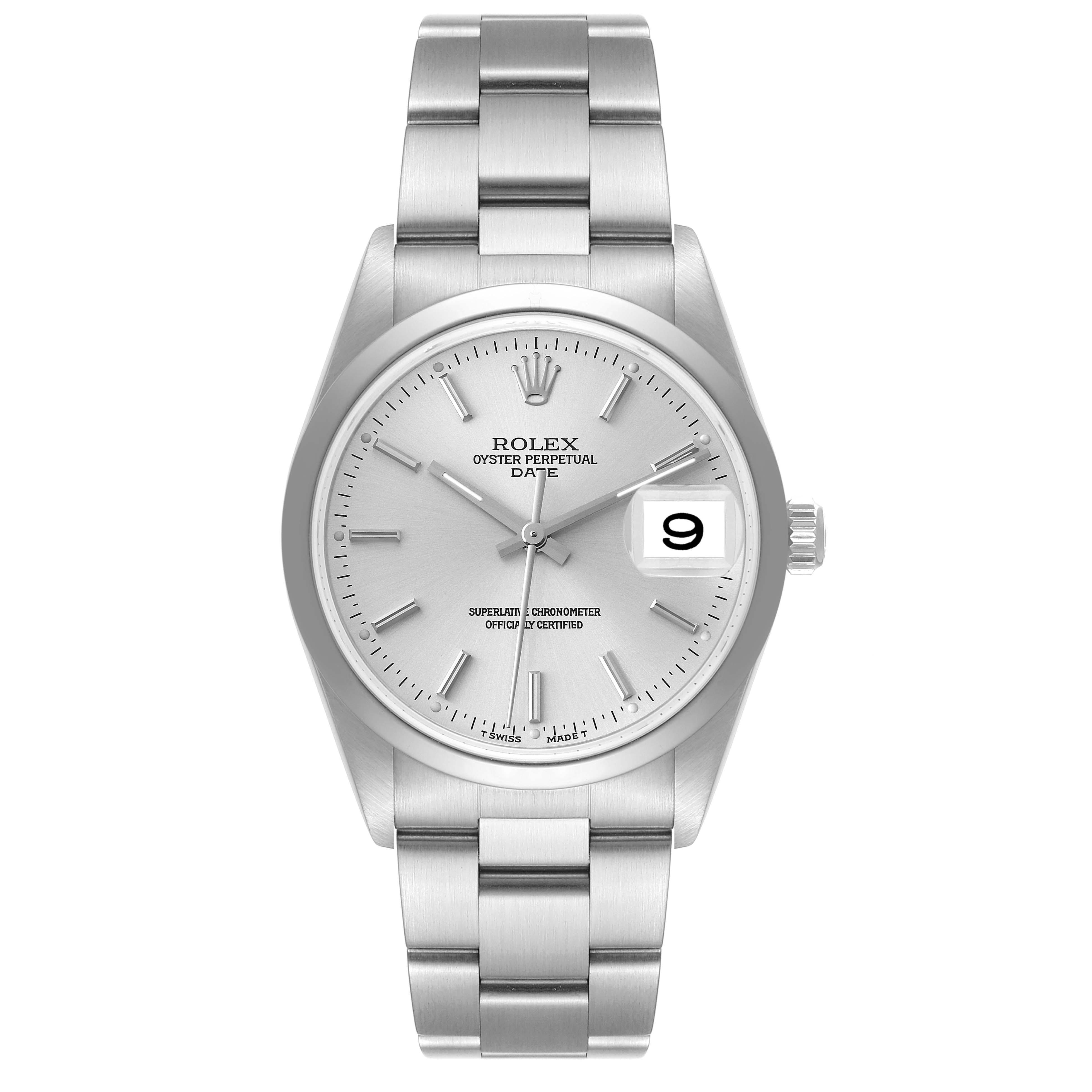 The image shows a front view of a Rolex Date 15200 Men's Stainless Steel Silver Dial 15200 Men's Stainless Steel Silver Dial model watch, displaying the dial, bracelet, and date window.
