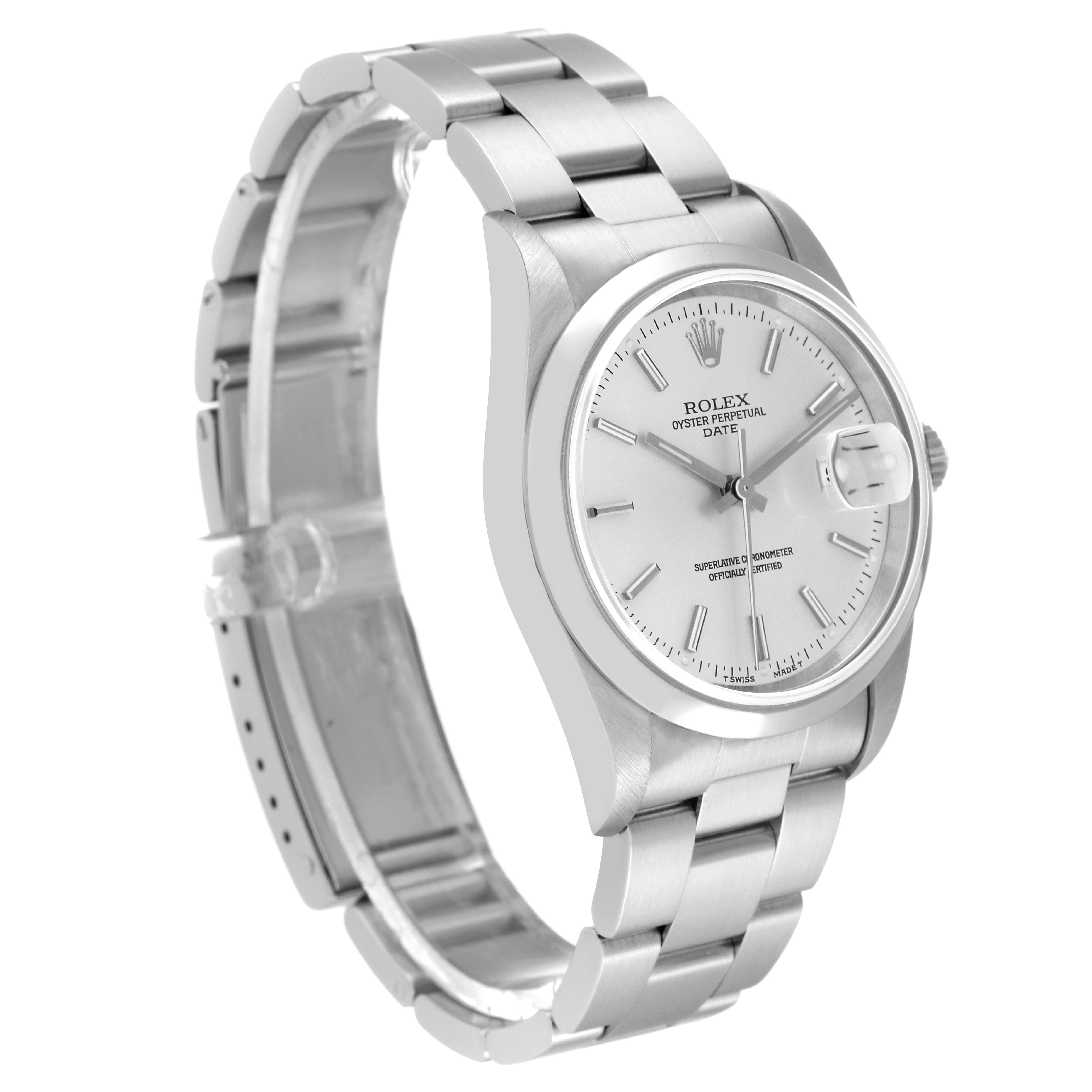 The image shows a side view of a Rolex Date 15200 Men's Stainless Steel Silver Dial 15200 Men's Stainless Steel Silver Dial model watch, displaying its silver dial, case, bracelet, and clasp.