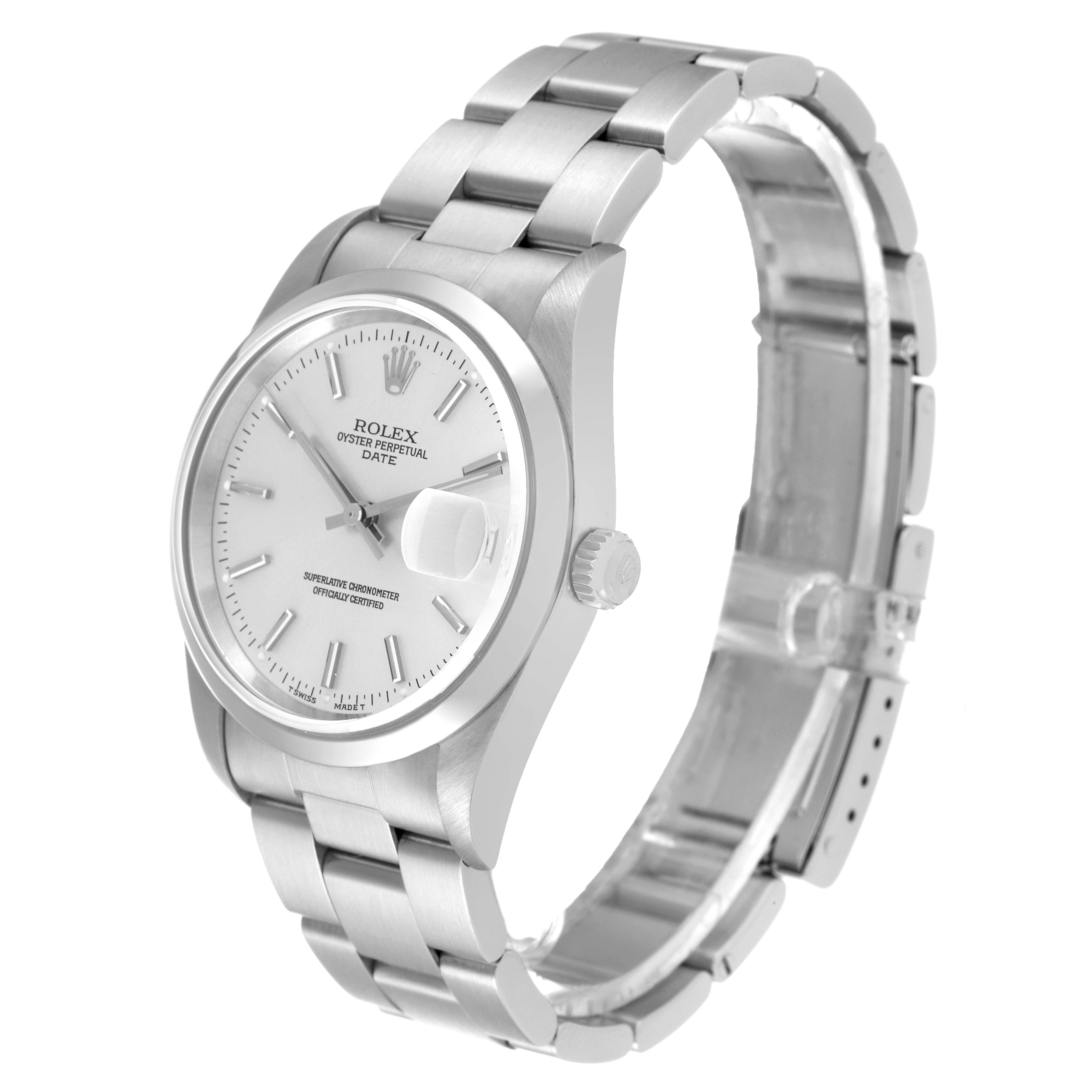 The image shows a side-angle view of a Rolex Date 15200 Men's Stainless Steel Silver Dial 15200 Men's Stainless Steel Silver Dial model, displaying the watch face, case, bracelet, and crown.