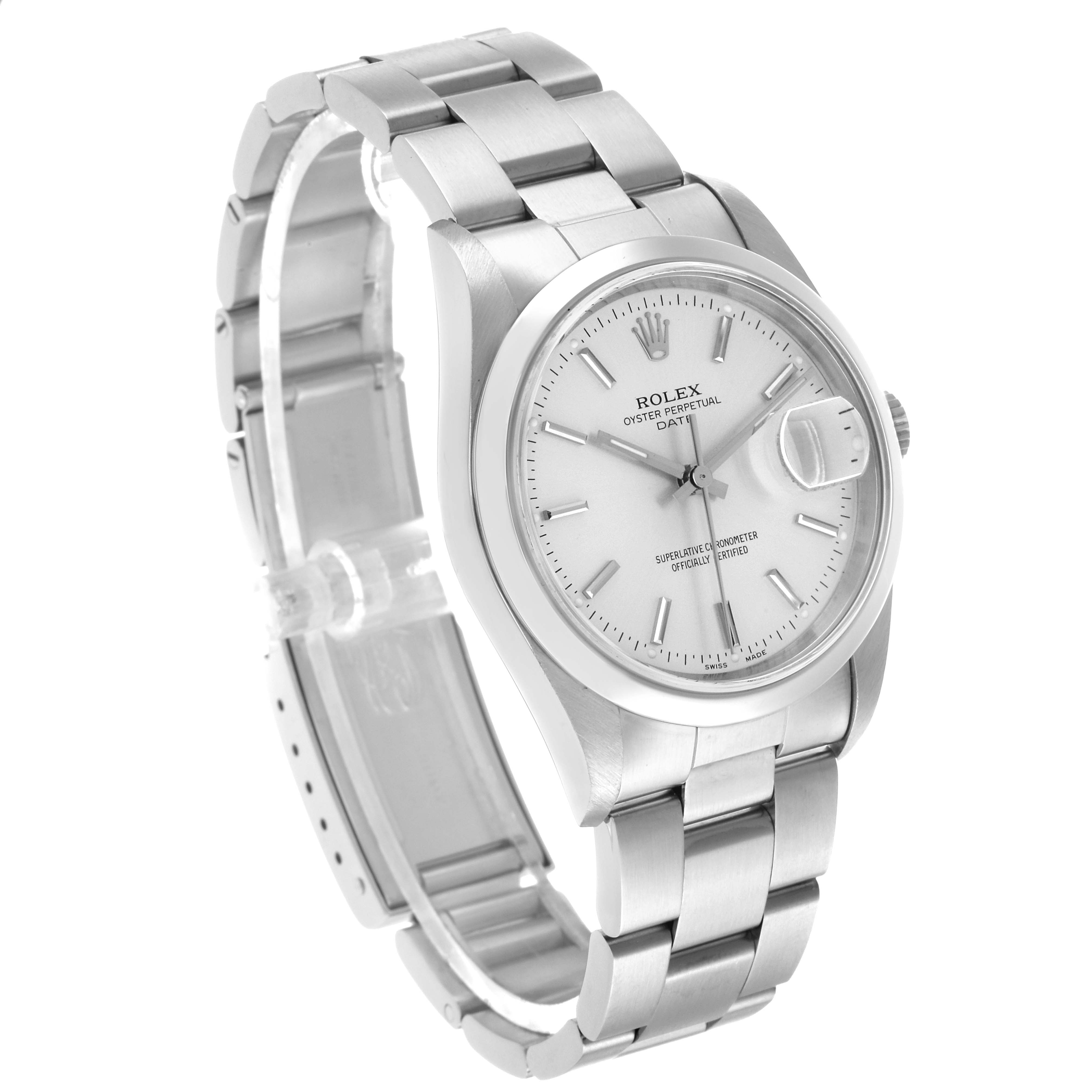 The Rolex Date 15200 Men's Stainless Steel Silver Dial model watch is shown at a three-quarter angle, displaying the dial, bracelet, and cyclops lens over the date.