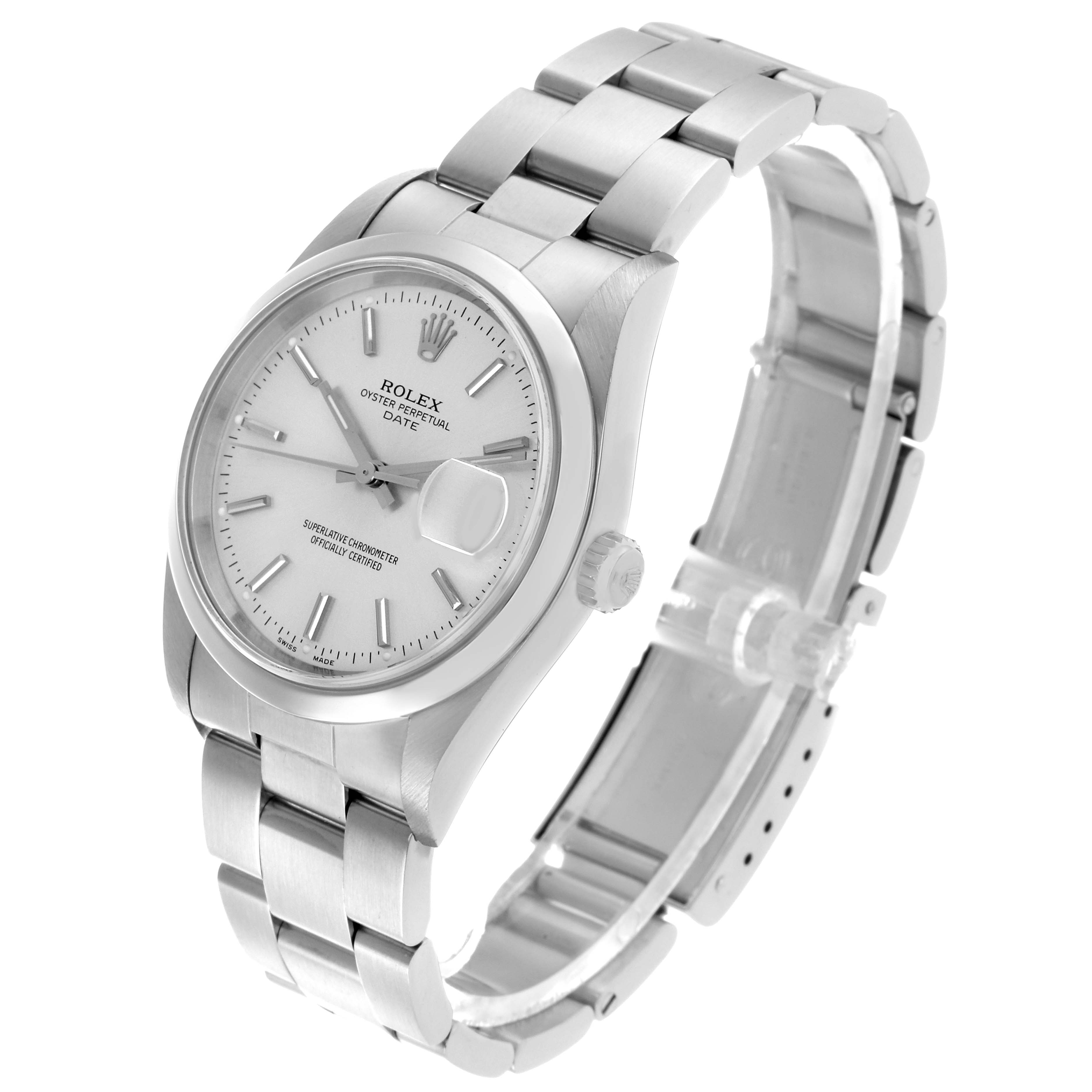 The Rolex Date 15200 Men's Stainless Steel Silver Dial model watch is shown at a three-quarter angle, highlighting the face, bezel, bracelet, and crown.