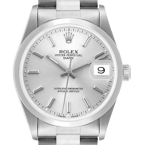 The image shows a Rolex Date 15200 Men's Stainless Steel Silver Dial model from a front angle, highlighting the dial, hands, crown, and bracelet.