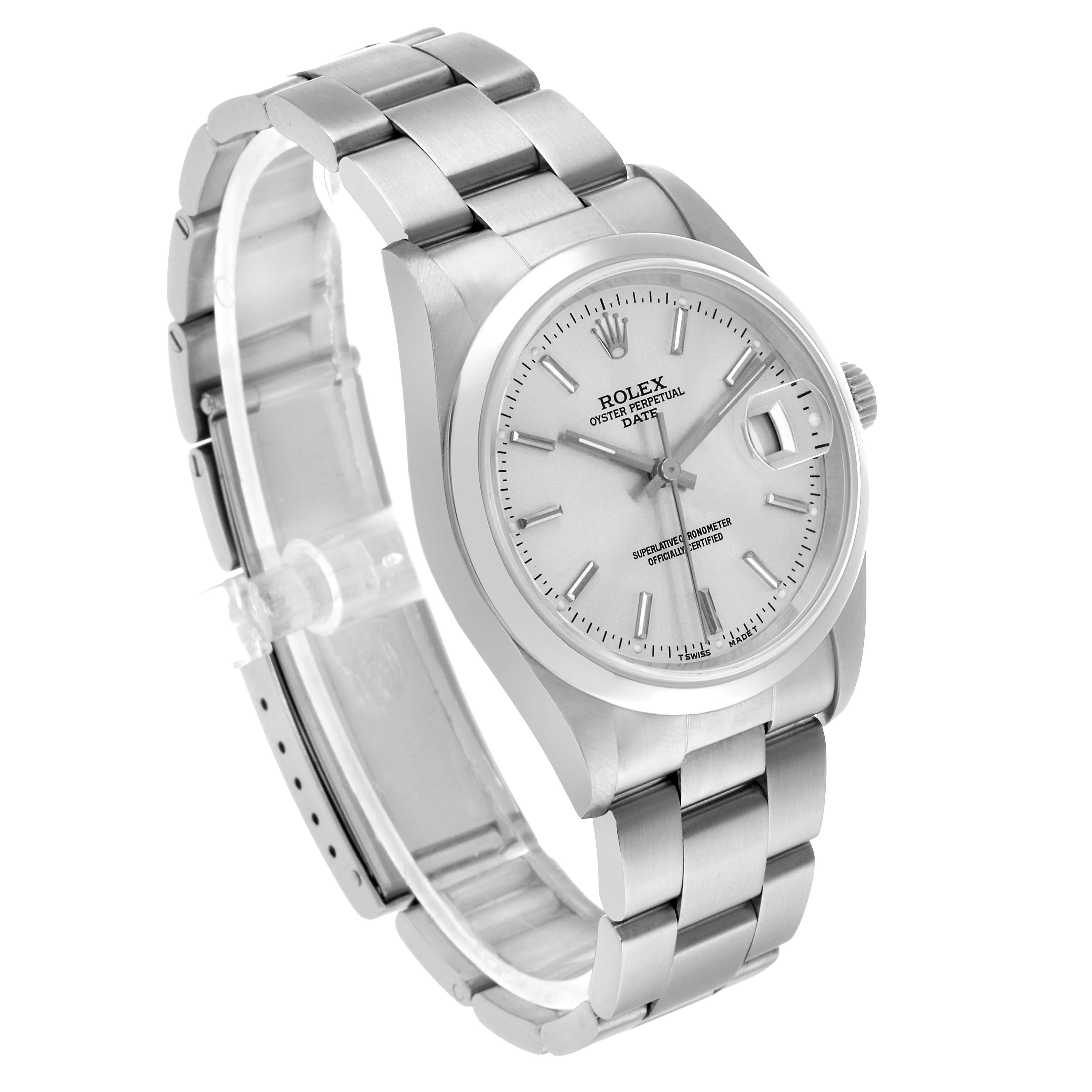 The Rolex Date 15200 Men's Stainless Steel Silver Dial watch is shown from an angled view highlighting its bracelet, case, dial, and cyclops lens over the date.