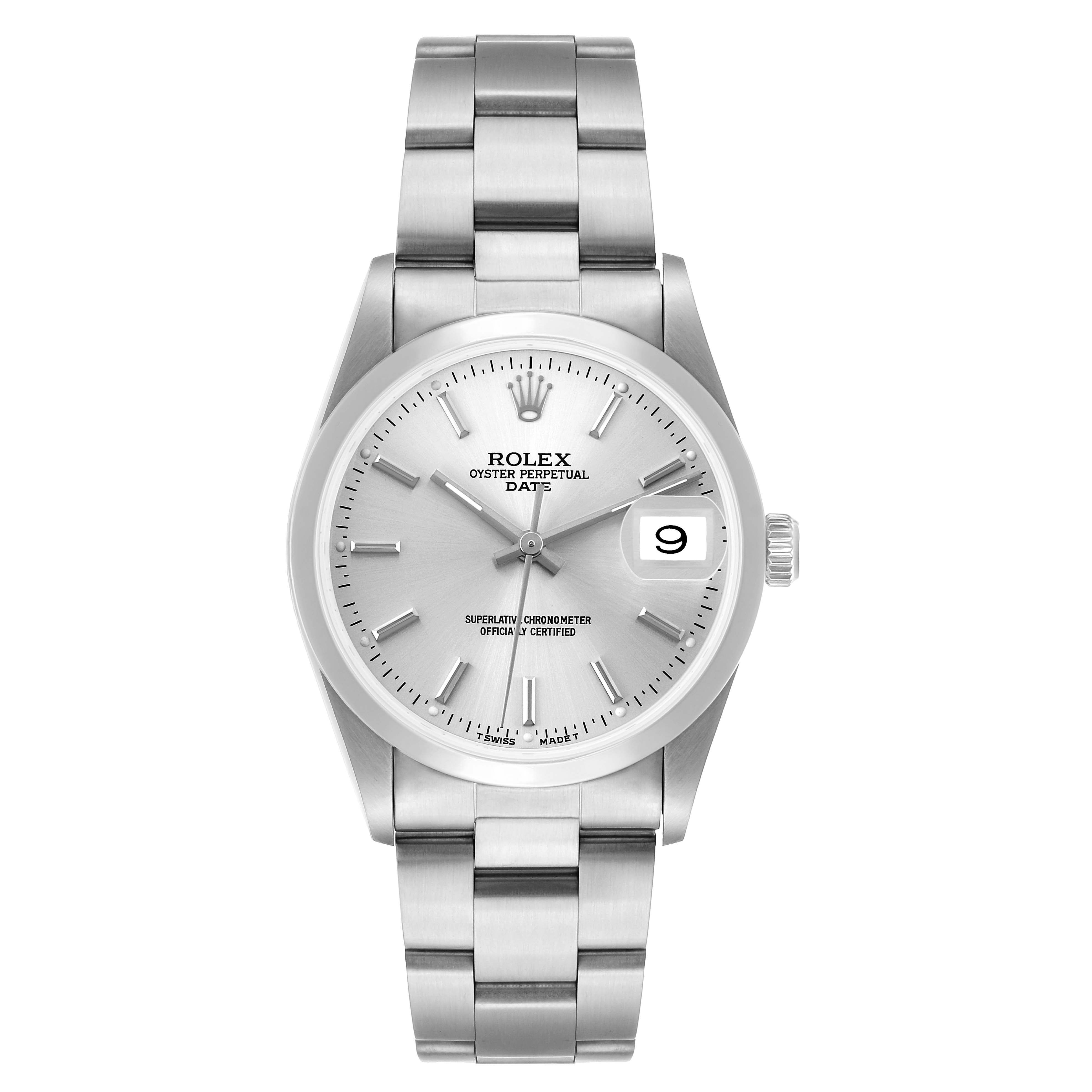 The Rolex Date 15200 Men's Stainless Steel Silver Dial watch is shown from the front, displaying the dial, hands, date window, and steel bracelet.