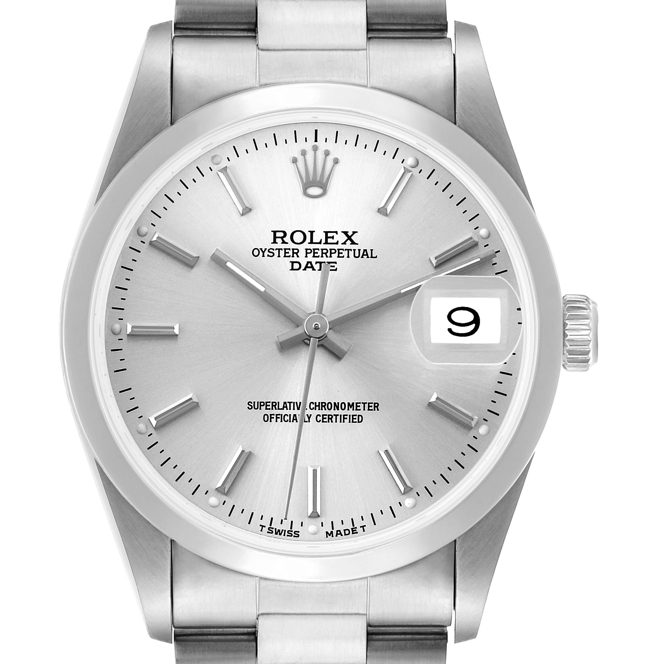 The Rolex Date 15200 Men's Stainless Steel Silver Dial model is shown from the front, displaying the dial, markers, hands, date window, and part of the bracelet.