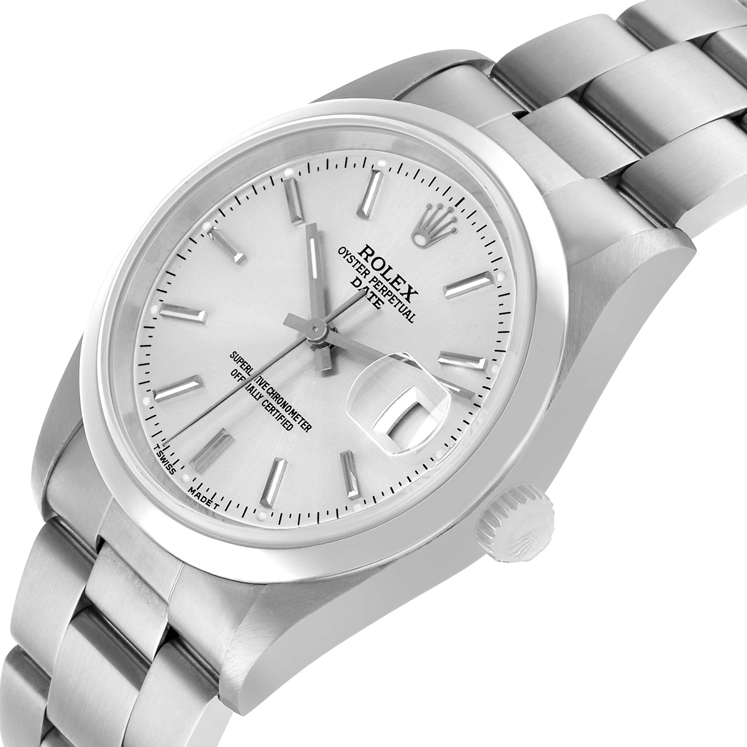 The image shows a Rolex Date 15200 Men's Stainless Steel Silver Dial model watch from a slightly tilted angle, highlighting the dial, case, bracelet, and crown.