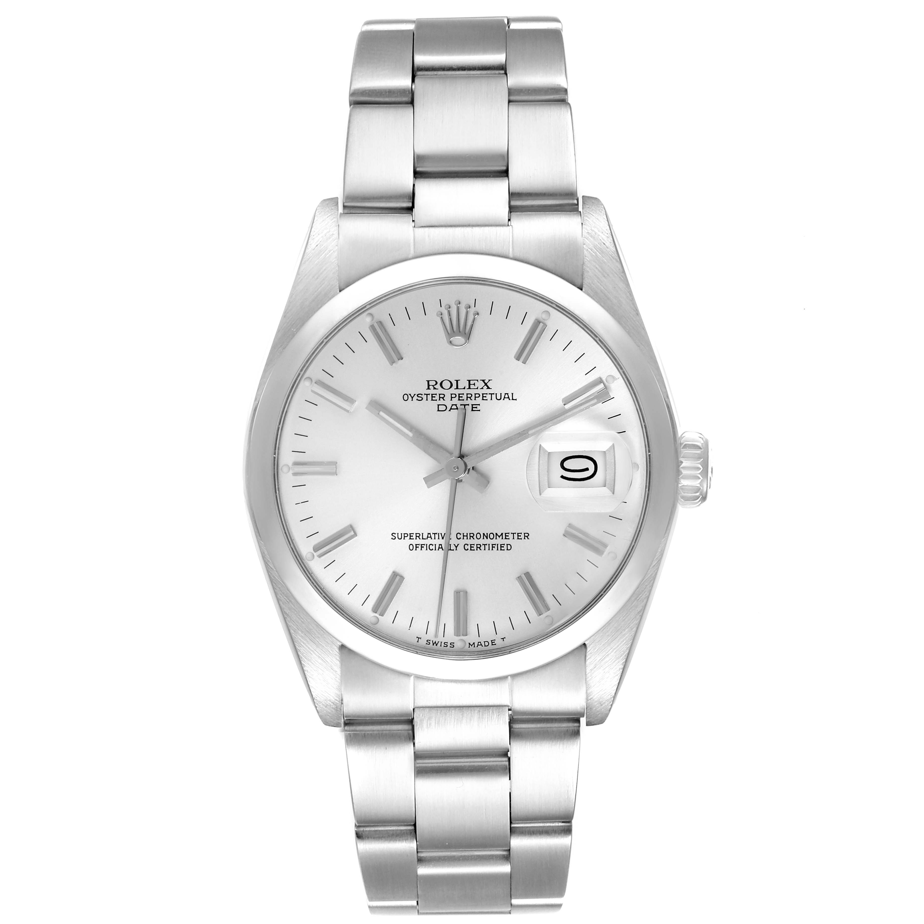 The image shows a front view of the Rolex Date 15000 Men's Stainless Steel Silver Dial 15000 Men's Stainless Steel Silver Dial watch, displaying the dial, bezel, bracelet, and crown.