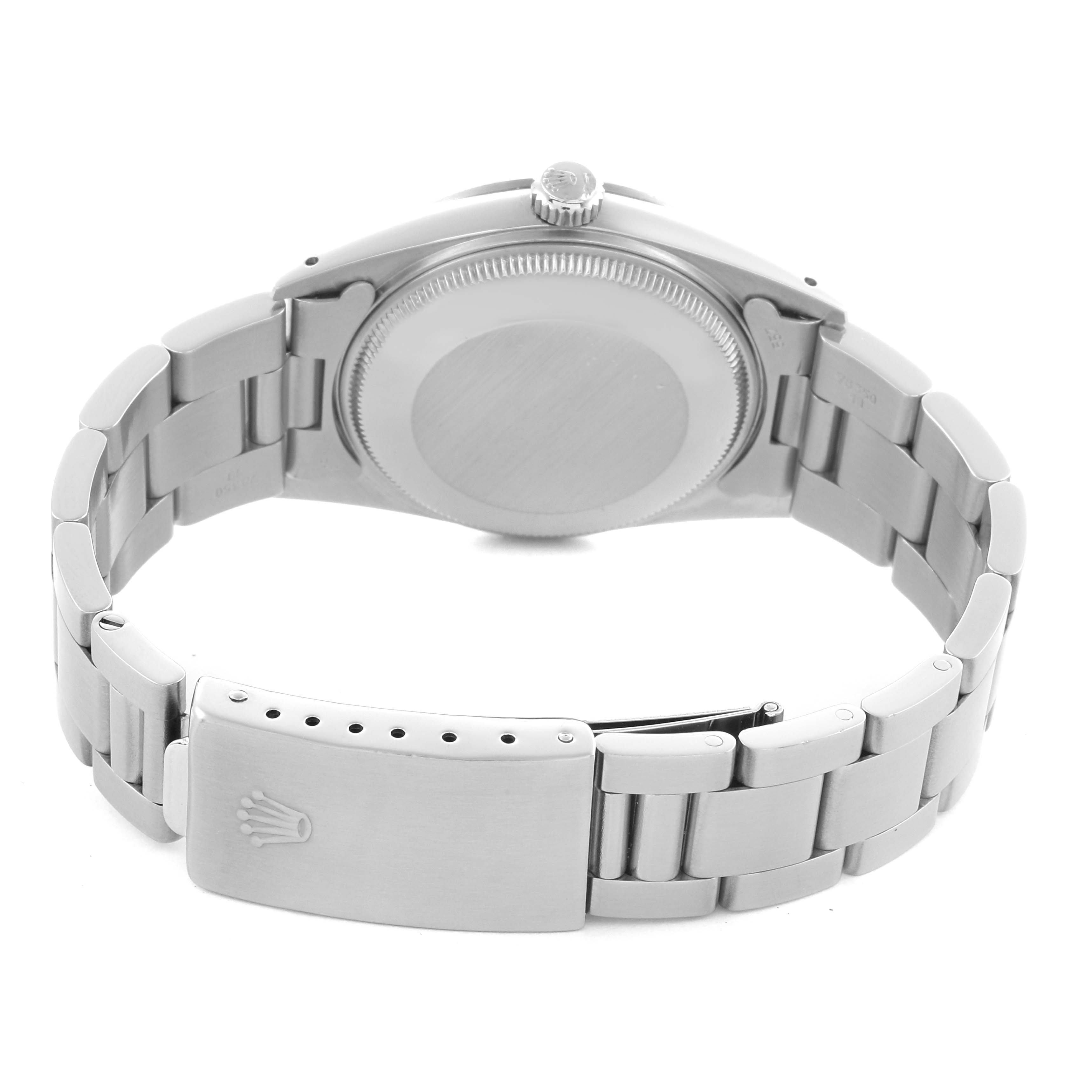The image shows the back and bracelet clasp of a Rolex Date 15000 Men's Stainless Steel Silver Dial 15000 Men's Stainless Steel Silver Dial watch, highlighting its stainless steel construction.