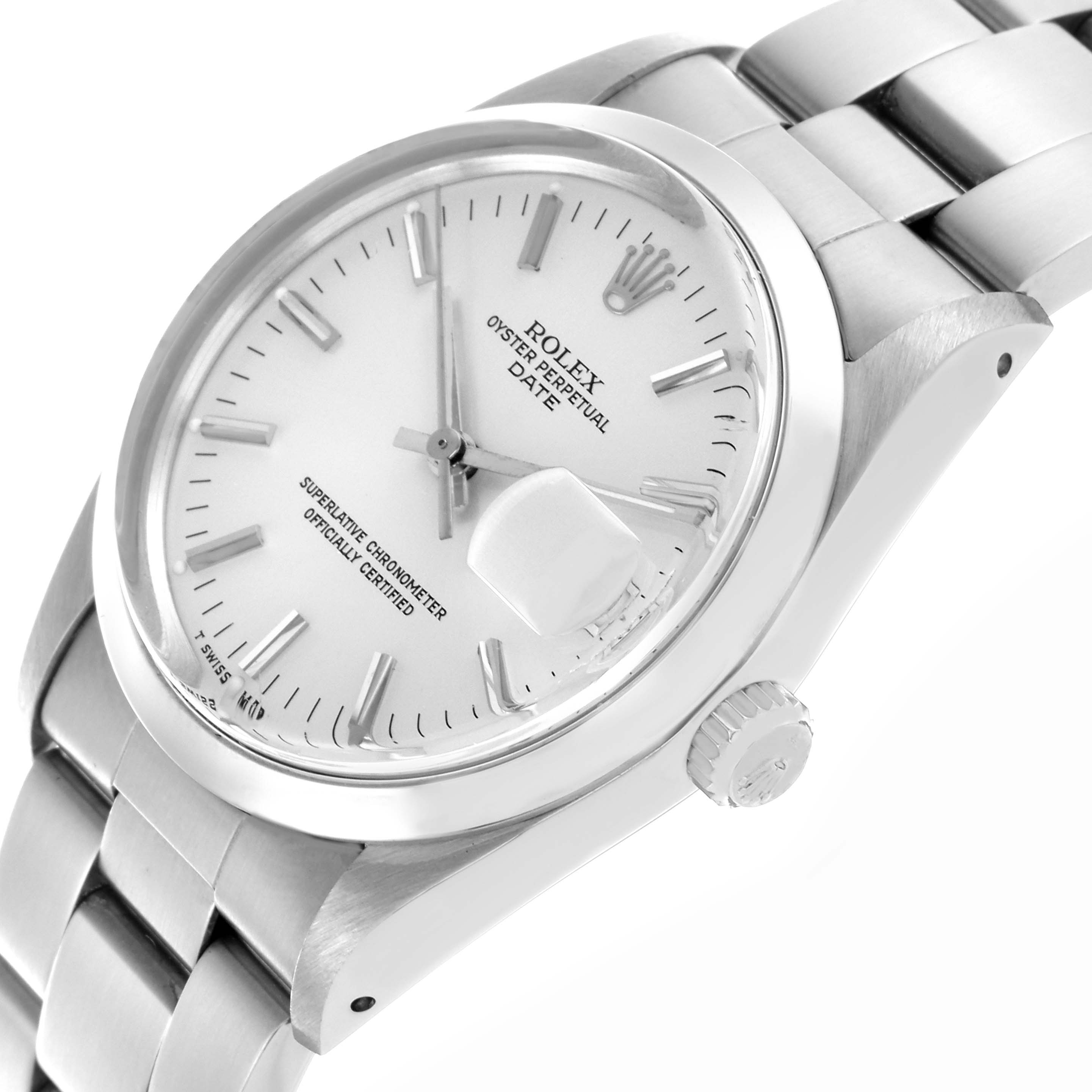 The Rolex Date 15000 Men's Stainless Steel Silver Dial 15000 Men's Stainless Steel Silver Dial model is shown at a tilted angle, displaying the face, bezel, crown, and part of the bracelet.