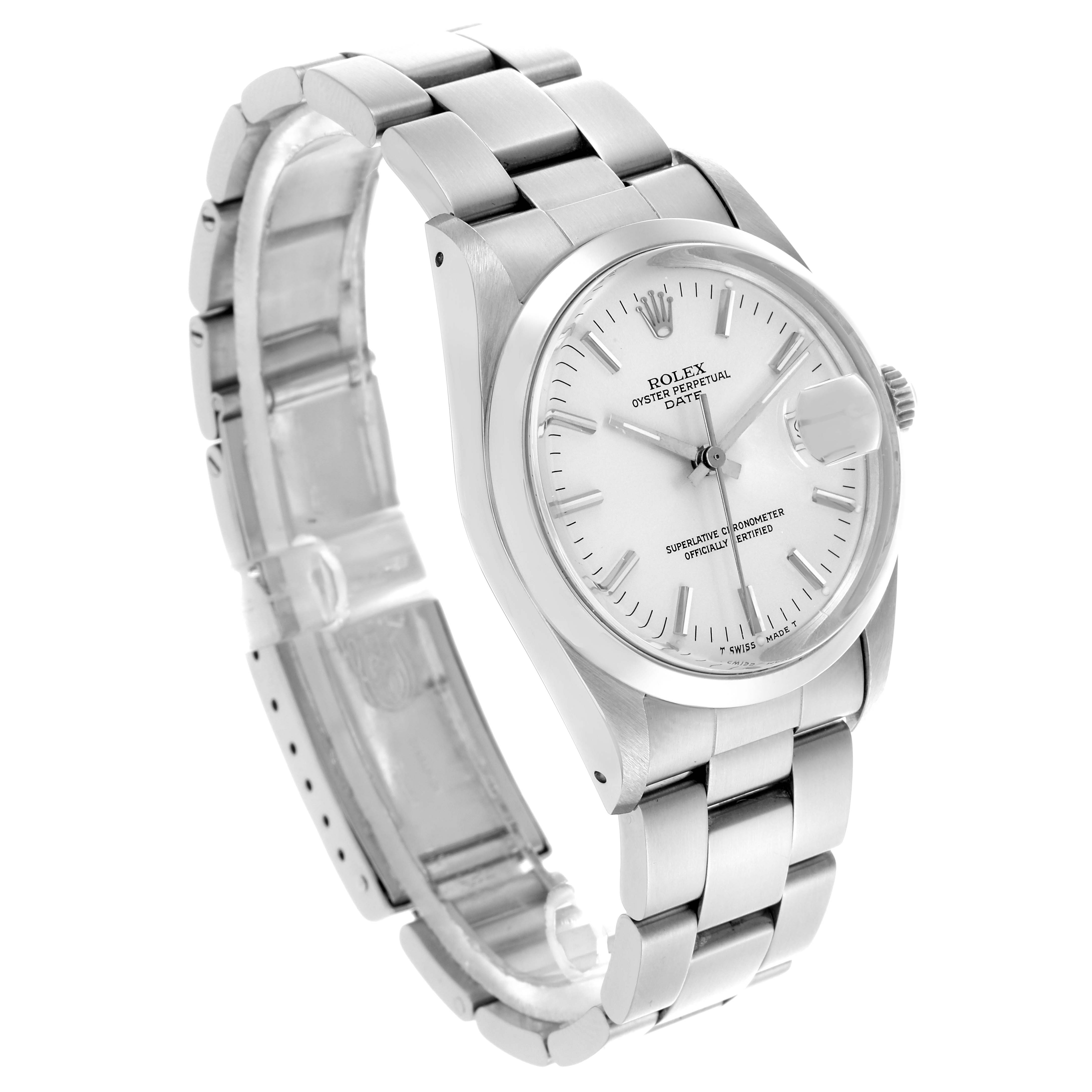 The Rolex Date 15000 Men's Stainless Steel Silver Dial 15000 Men's Stainless Steel Silver Dial watch is shown at a three-quarter angle, displaying the face, bracelet, and part of the clasp.
