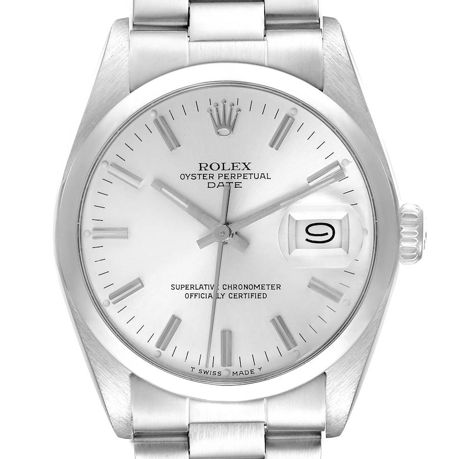 The Rolex Date model is shown from the front, displaying the dial, hands, date window, and part of the bracelet.