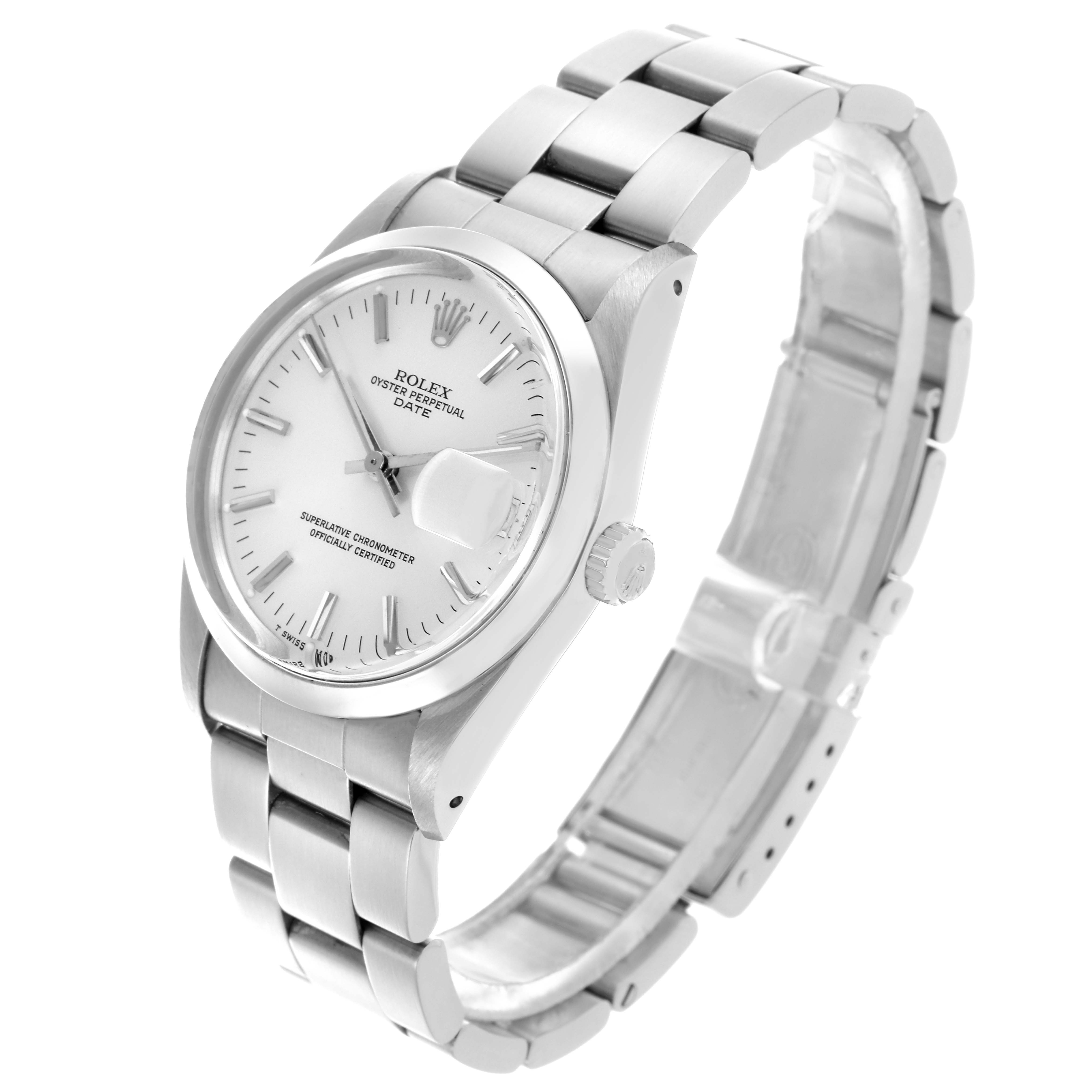 The Rolex Date 15000 Men's Stainless Steel Silver Dial 15000 Men's Stainless Steel Silver Dial watch is shown at a three-quarter angle, highlighting the face, bracelet, and crown.