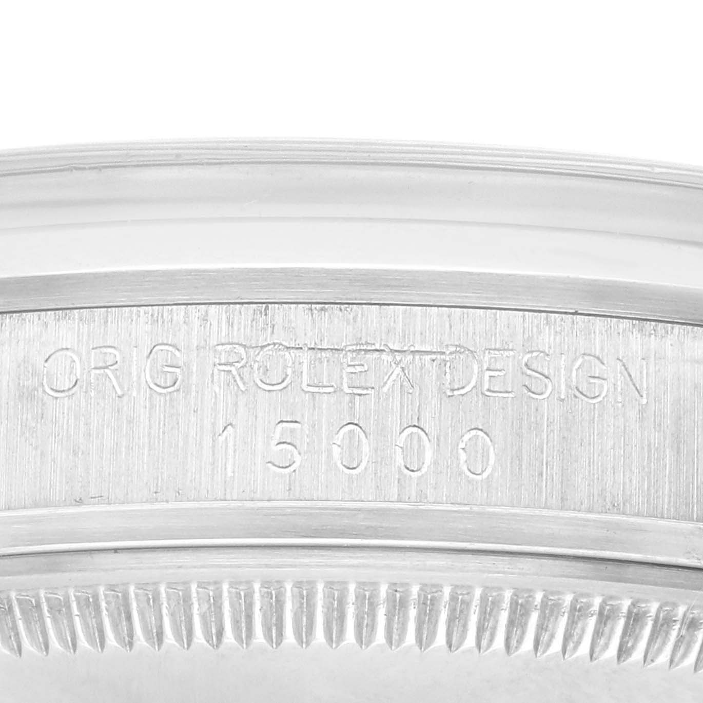 The image shows the side view of the casing with the engraved model number of the Rolex Date 15000 Men's Stainless Steel Silver Dial 15000 Men's Stainless Steel Silver Dial watch.