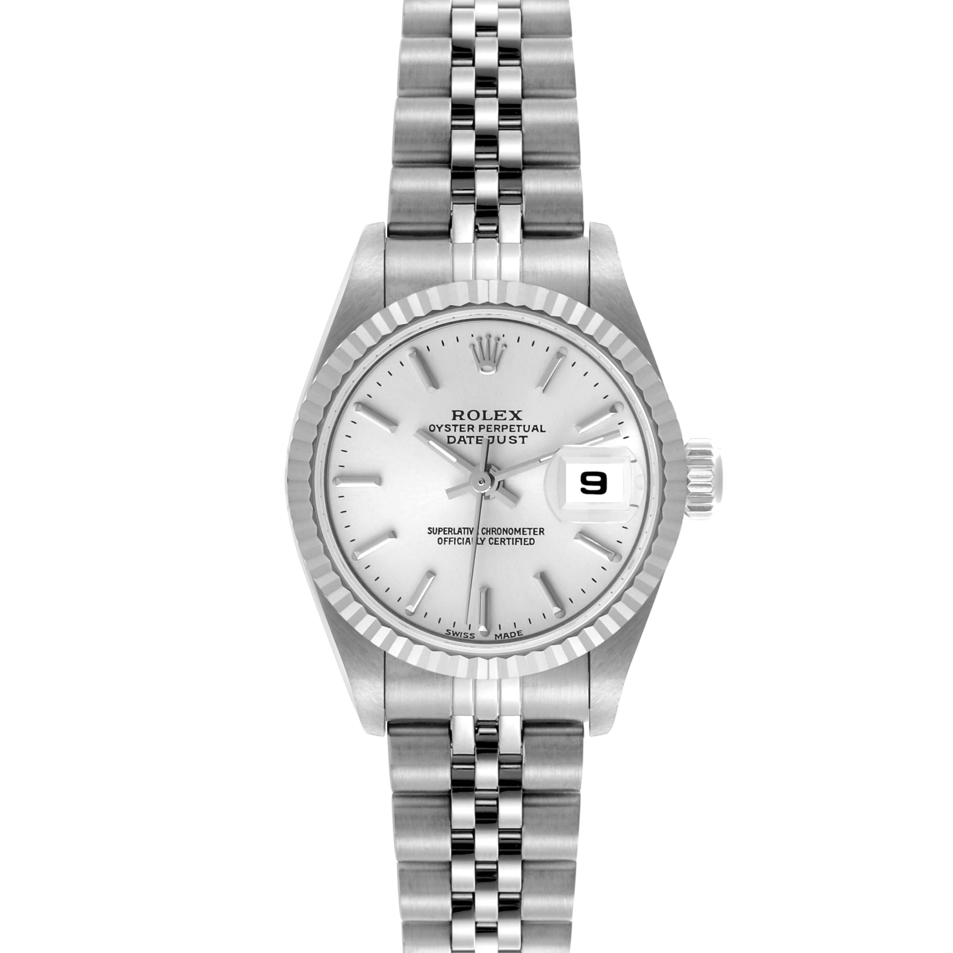 The Rolex Datejust 79174 Women's Stainless Steel Silver Dial 79174 Women's Stainless Steel Silver Dial watch is shown from the front, displaying the dial, bezel, bracelet, and date window.