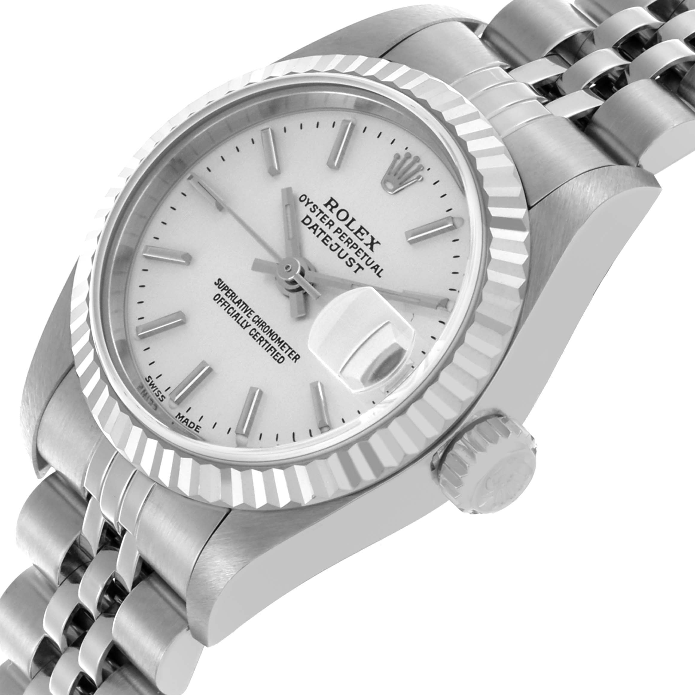 The Rolex Datejust 79174 Women's Stainless Steel Silver Dial 79174 Women's Stainless Steel Silver Dial watch is shown at an angled view, highlighting the bezel, crown, and part of the bracelet.