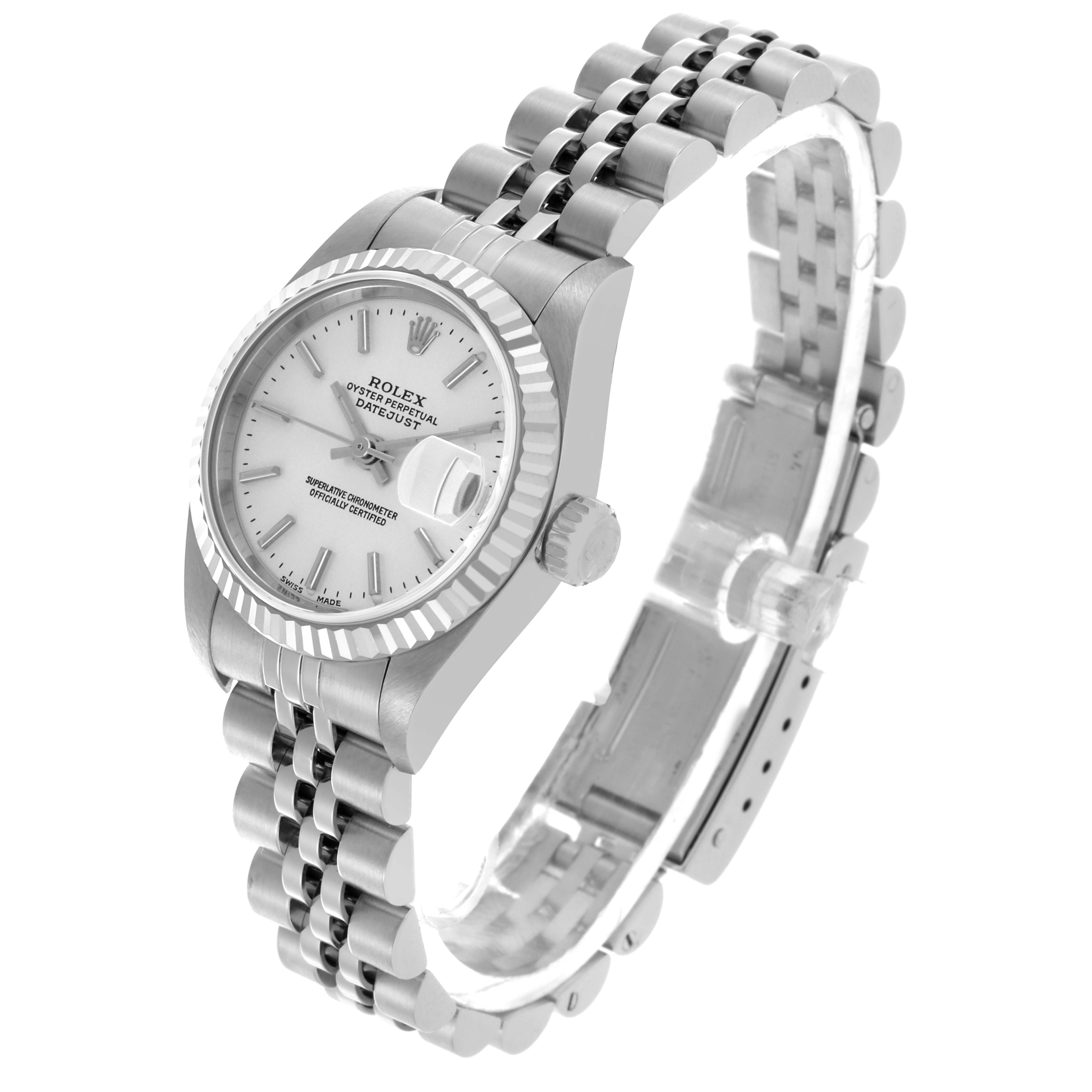The Rolex Datejust 79174 Women's Stainless Steel Silver Dial 79174 Women's Stainless Steel Silver Dial watch is shown at an angled side view, highlighting the face, bezel, and Jubilee bracelet.