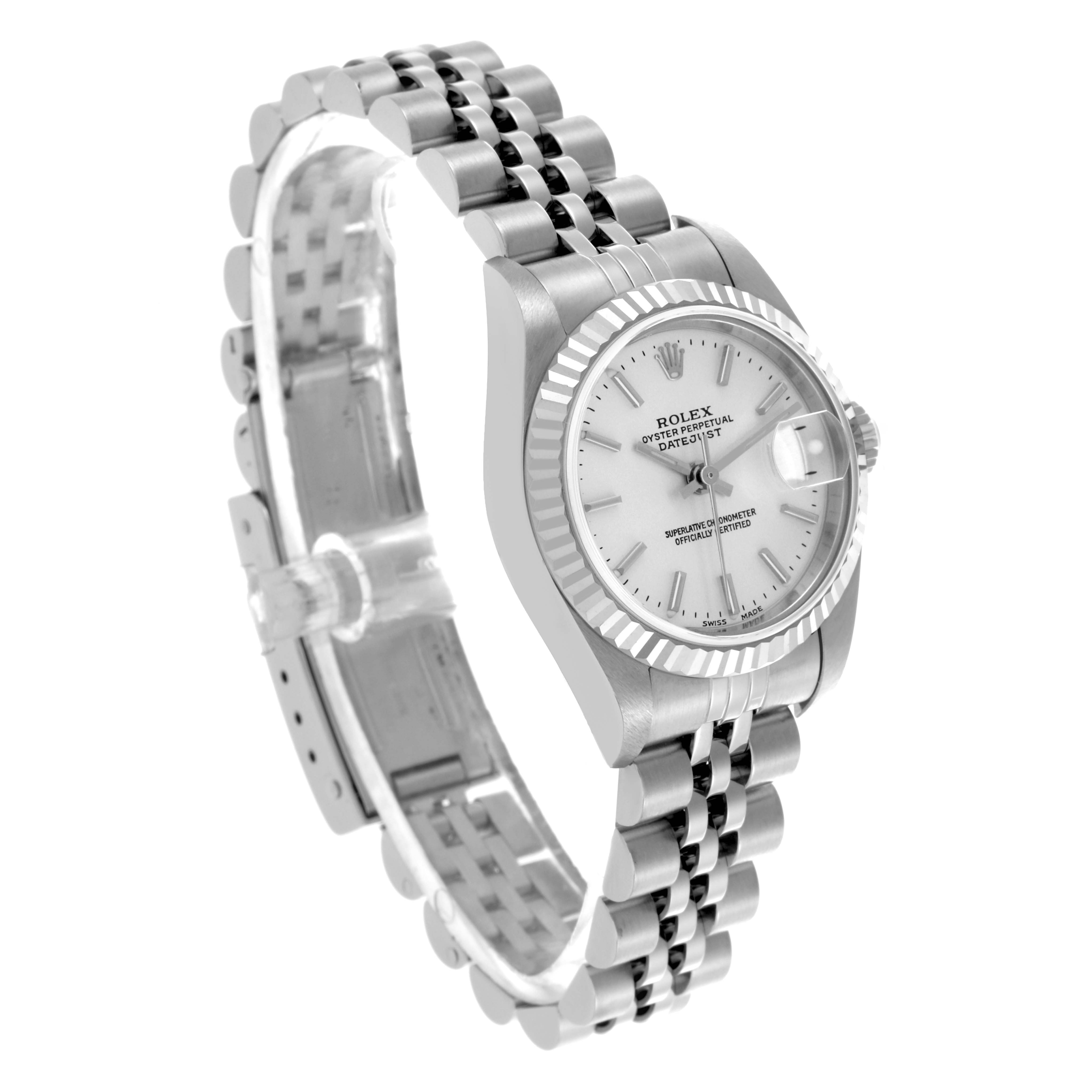 The Rolex Datejust 79174 Women's Stainless Steel Silver Dial 79174 Women's Stainless Steel Silver Dial watch is shown at a three-quarter angle, displaying the face, bezel, crown, and the bracelet.