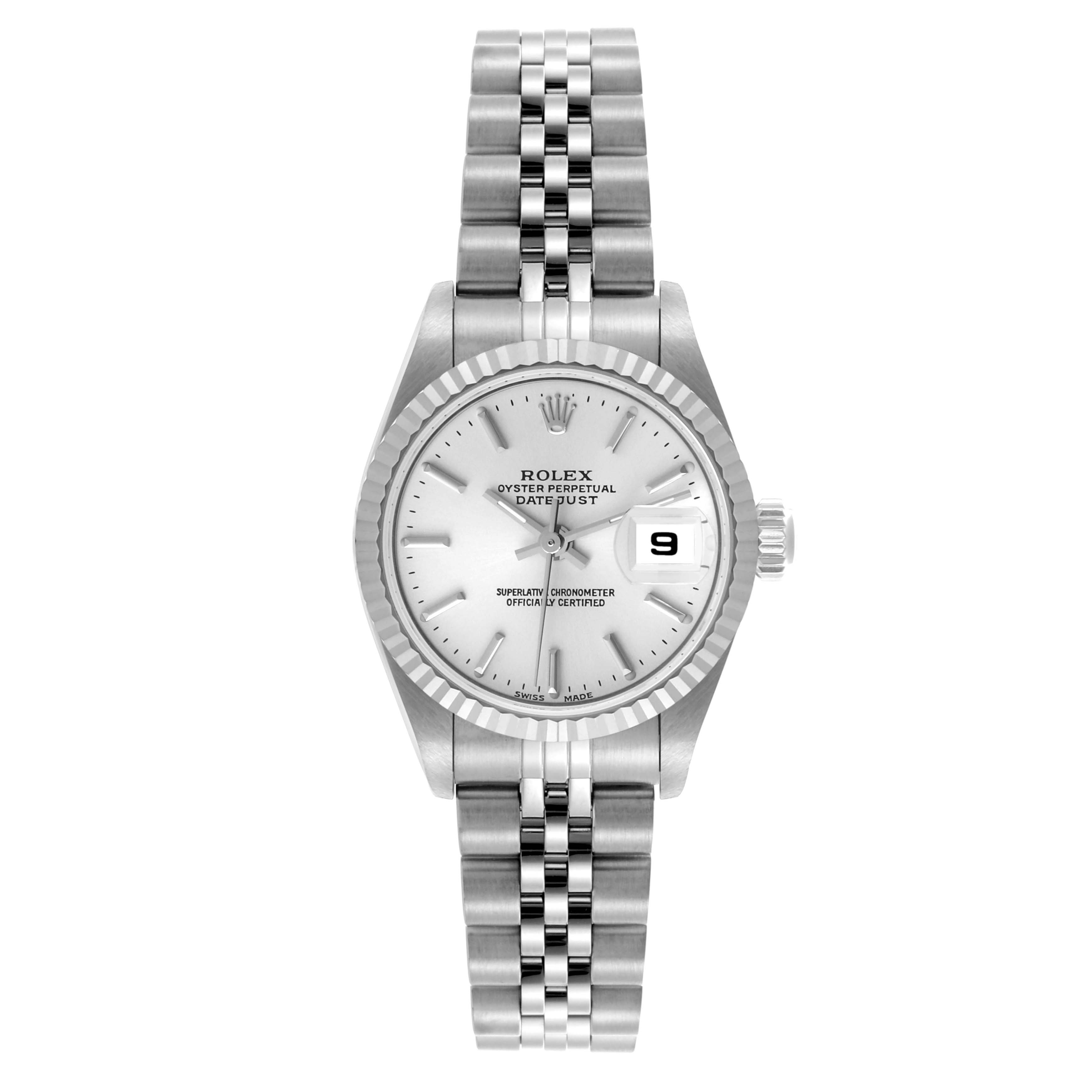 The image shows a front view of the Rolex Datejust 79174 Women's Stainless Steel Silver Dial 79174 Women's Stainless Steel Silver Dial watch, highlighting the face, bezel, date window, and bracelet.
