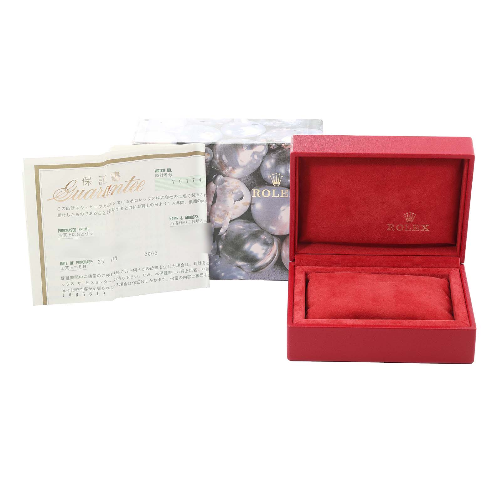 The image shows a side view of a Rolex Datejust 79174 Women's Stainless Steel Silver Dial 79174 Women's Stainless Steel Silver Dial watch box, guarantee card, and booklet.